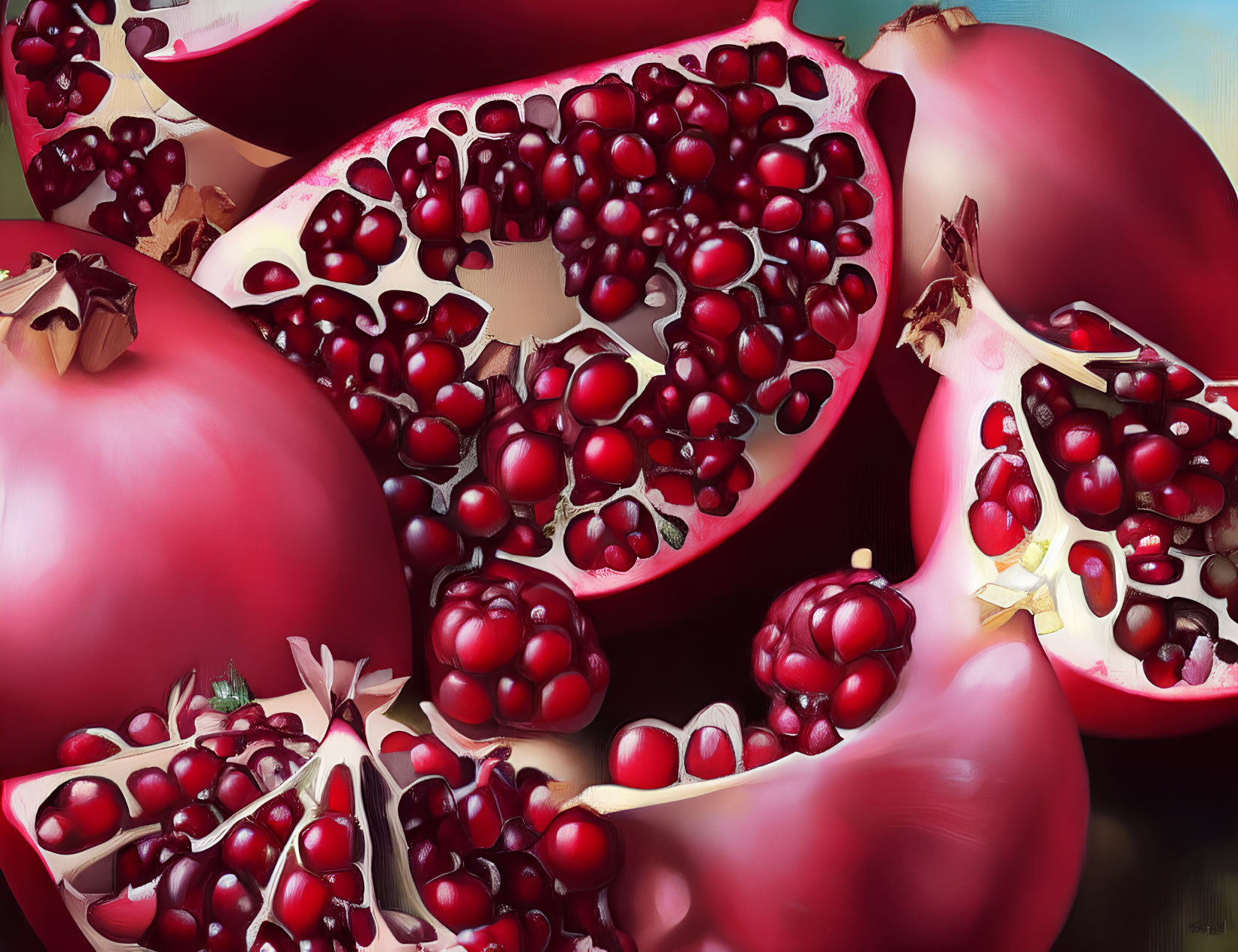 Ripe pomegranates with glistening red seeds on soft-focus background