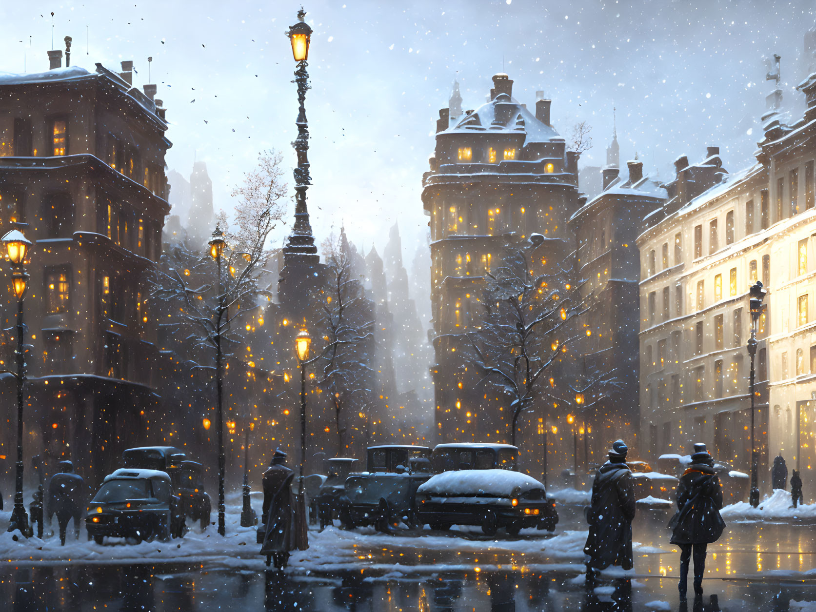 Snow-covered streets with parked cars, glowing street lamps, falling snowflakes, and historical buildings.