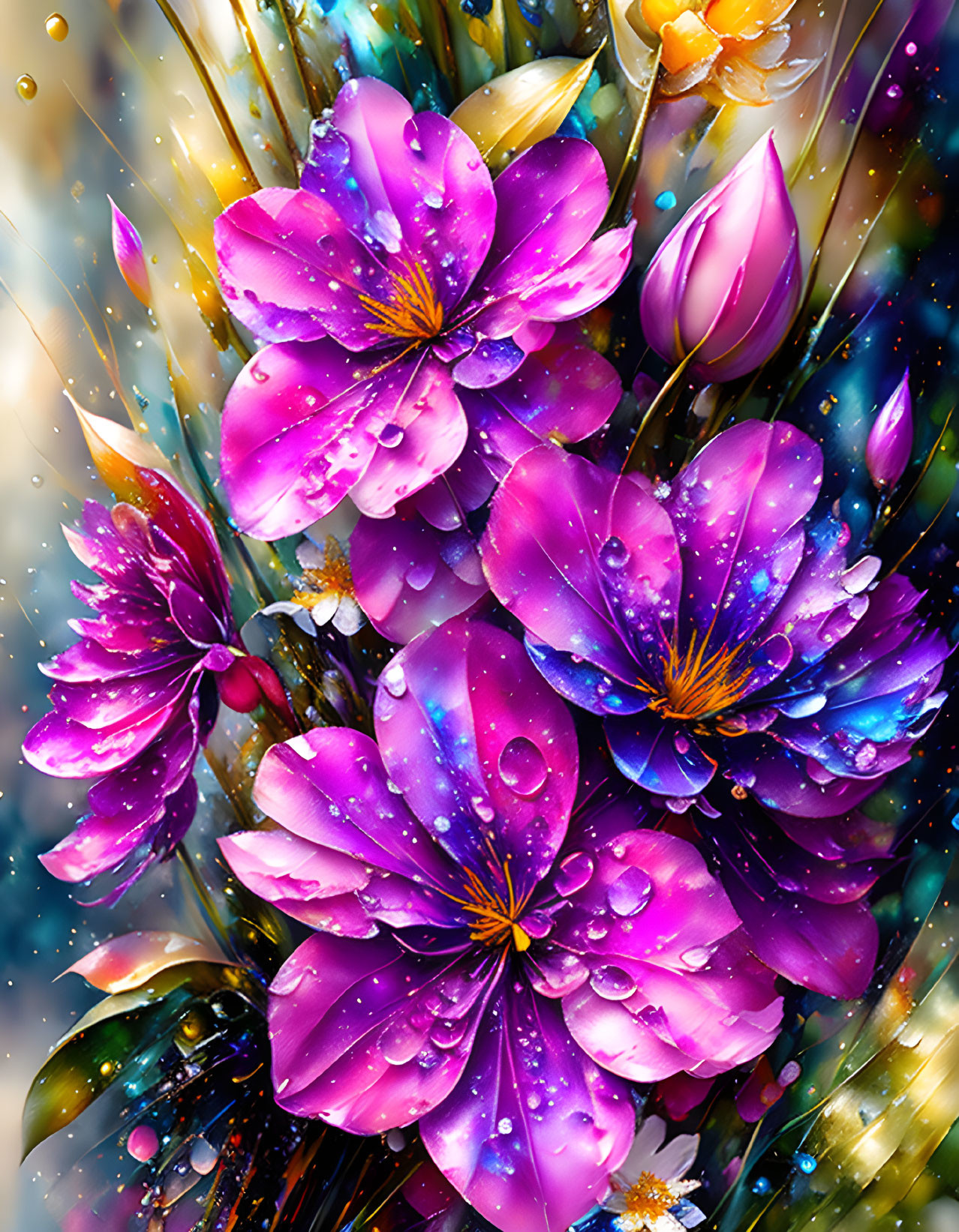 Colorful digital art: Purple flowers, water droplets, dynamic light streaks