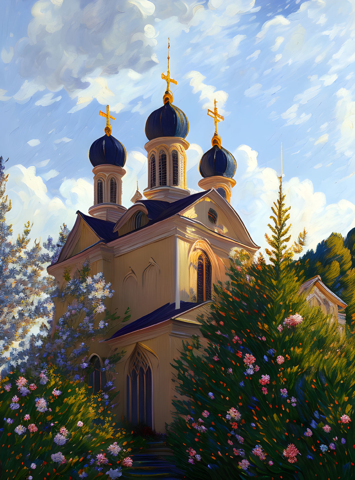 Colorful church illustration with golden domes in nature setting