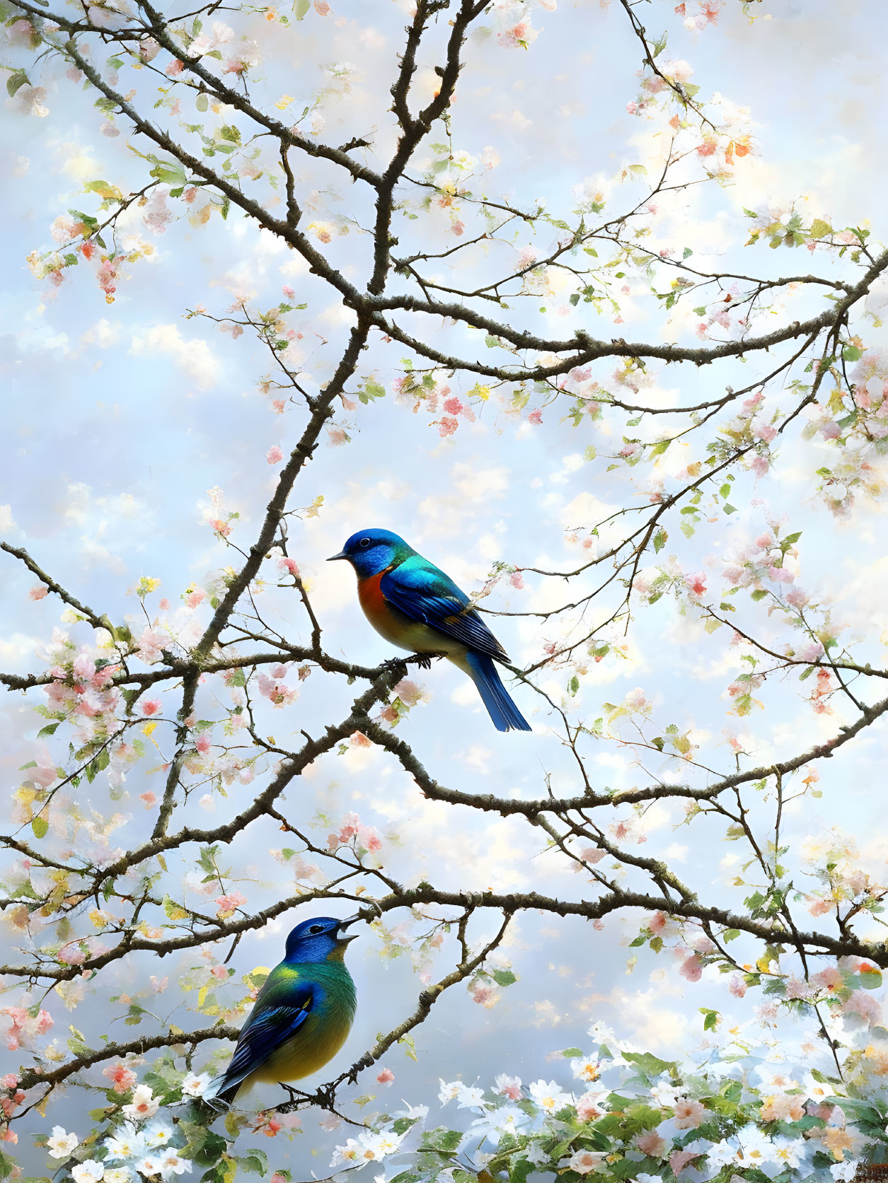 Vibrant bluebirds on blossoming tree branches under cloudy sky