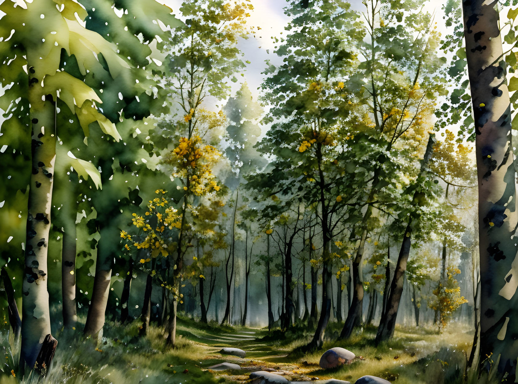 Serene forest scene with sunlight filtering through tall trees