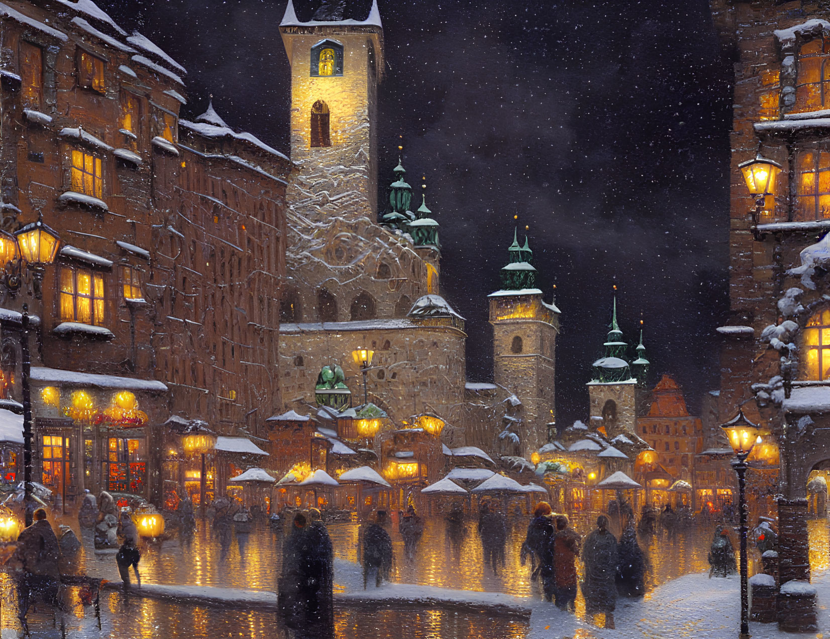 Snowy evening scene in historic town square with glowing street lamps and bustling activity