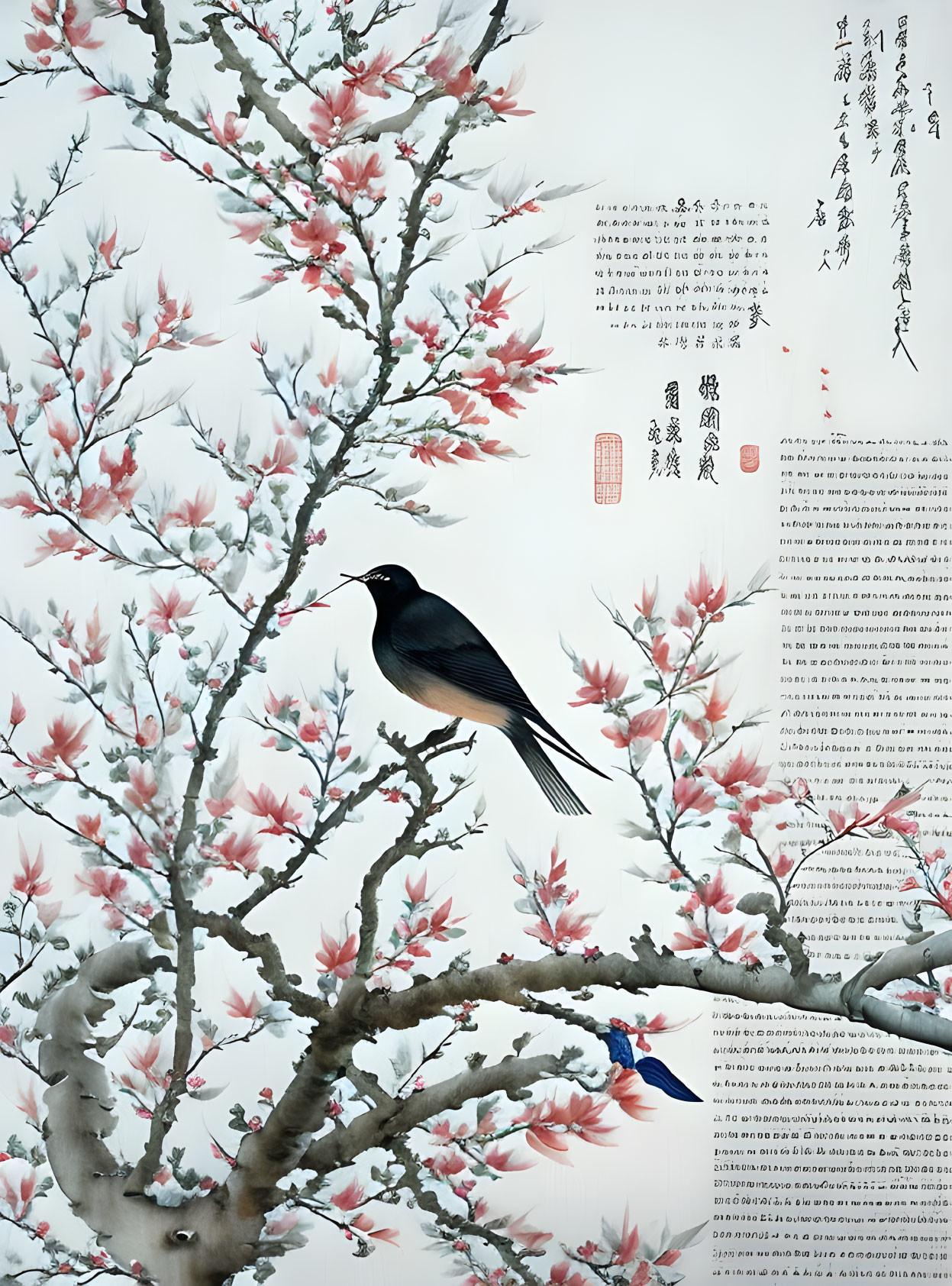 Bird perched on blooming branch with red and white flowers and oriental calligraphy