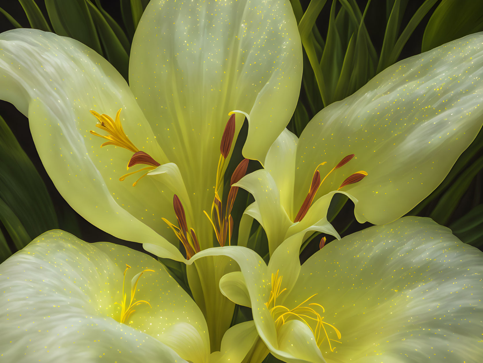 White Lily with Yellow Spots and Orange Brown Stamens on Dark Green Leaves