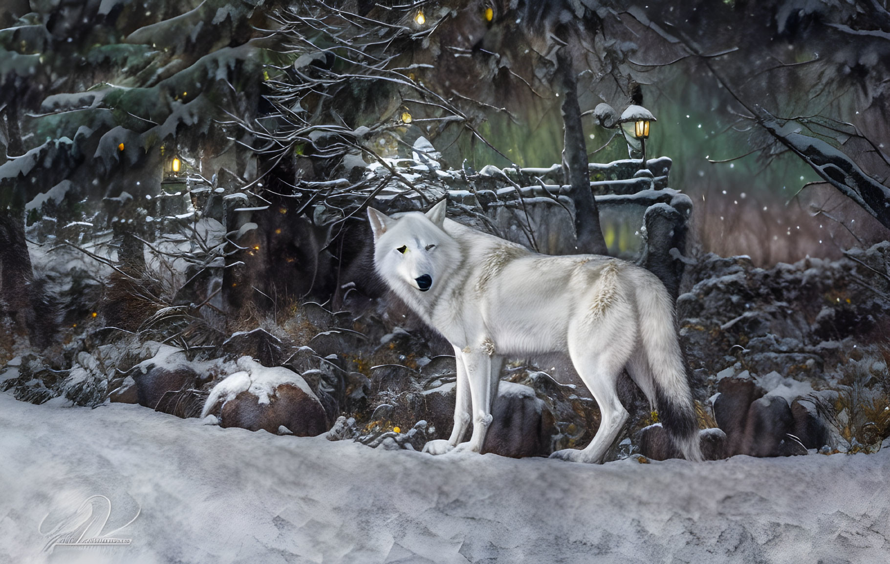 White Wolf in Snowy Landscape with Pine Trees and Vintage Lanterns