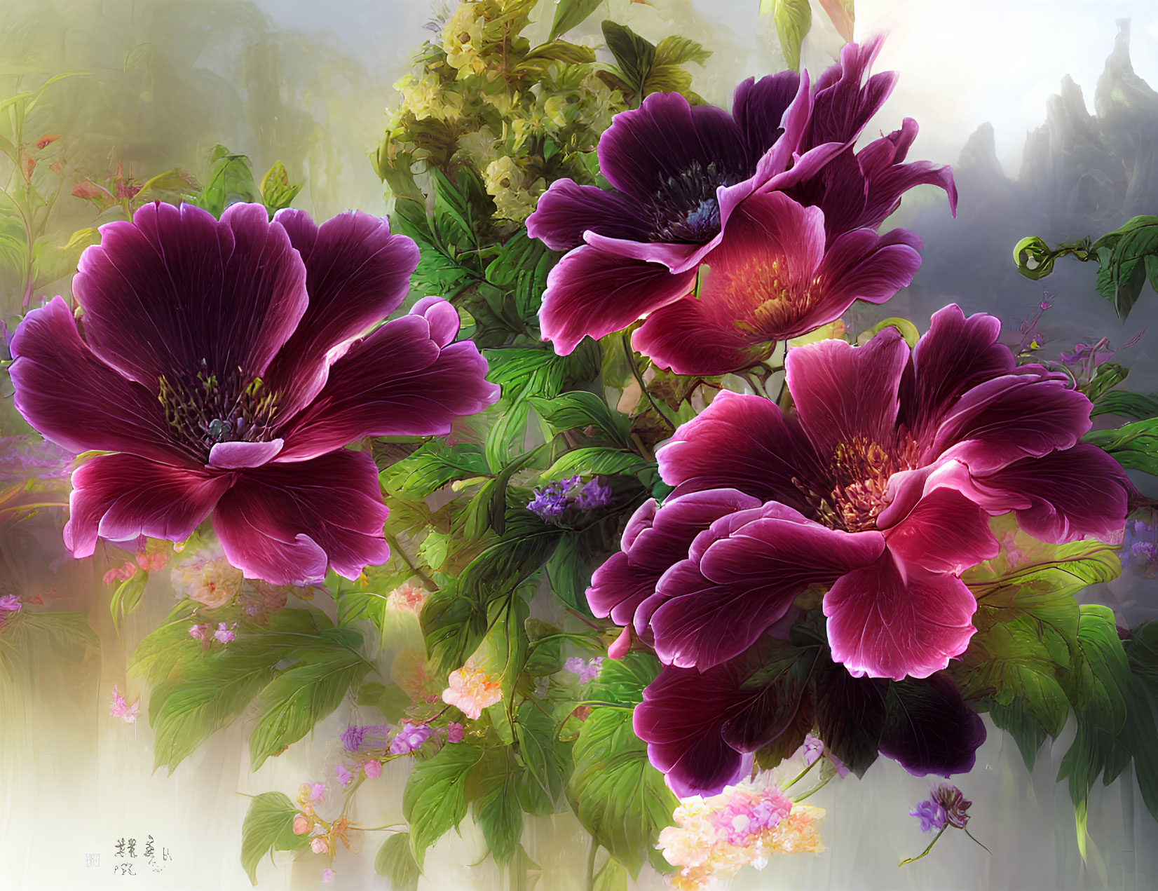 Purple peonies digital artwork with delicate foliage and misty background