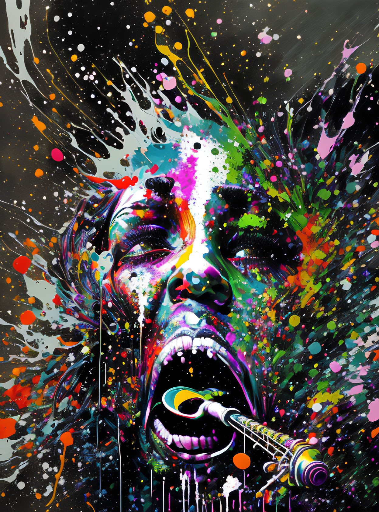 Colorful Abstract Art: Person Screaming with Paint Splatters