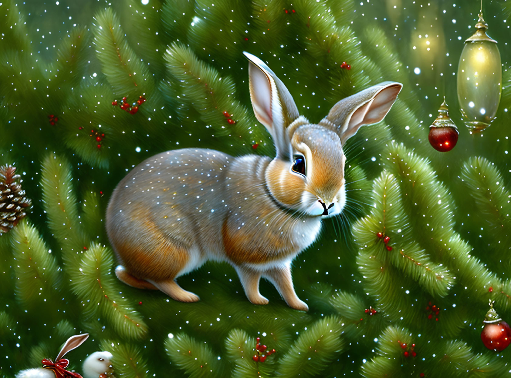 Brown Rabbit in Festive Christmas Setting with Fir Branches and Snowflakes