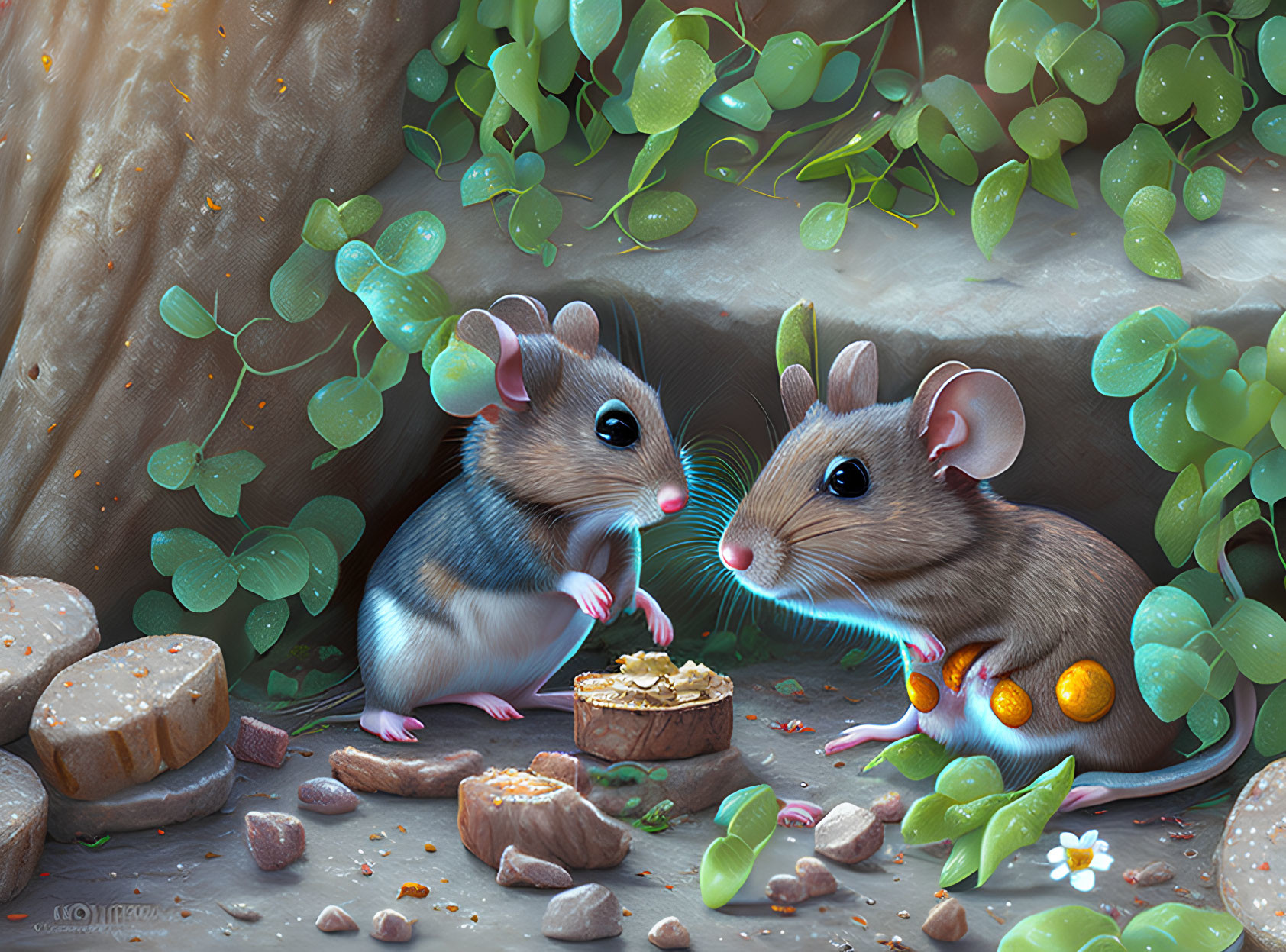 Two mice sharing cheese in whimsical fairy-tale scene