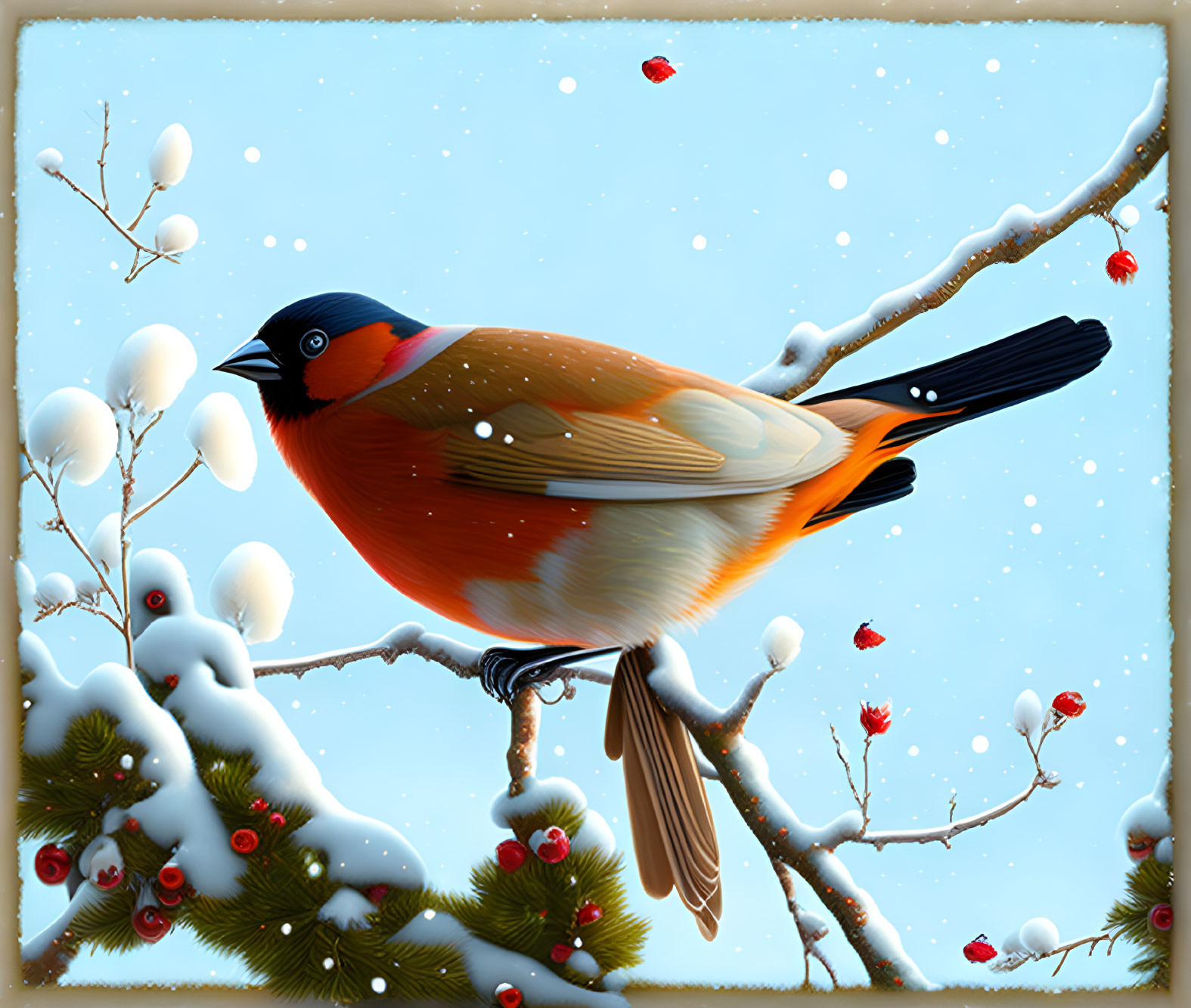 Colorful Bird Illustration on Snowy Branch with Red Berries and Falling Snowflakes