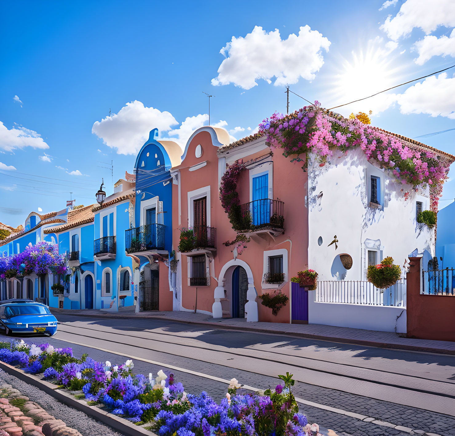 Vibrant Mediterranean houses with bougainvillea under clear blue sky