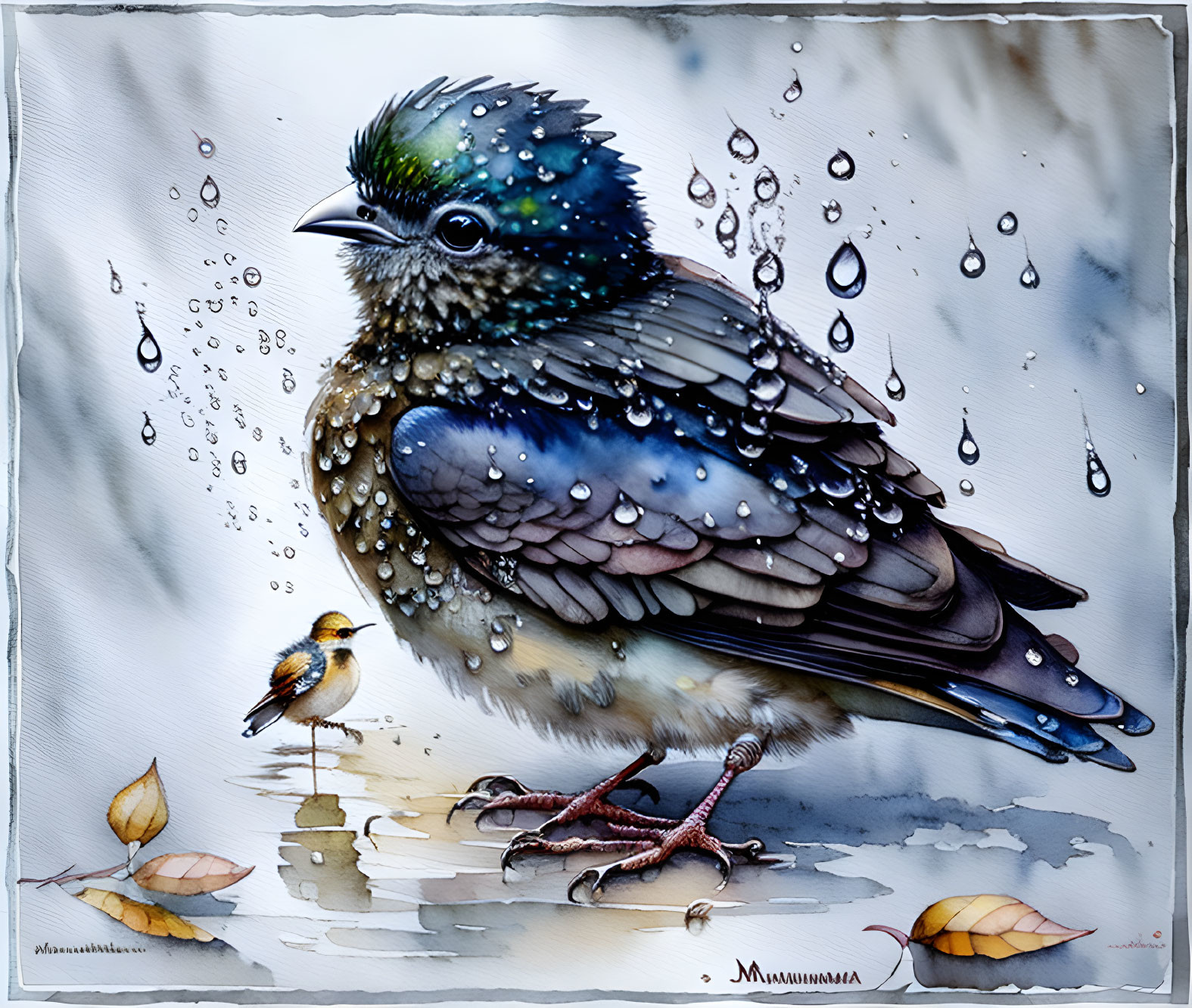 Colorful Bird with Blue and Brown Feathers in Watercolor Style with Droplets, Tiny Bird,