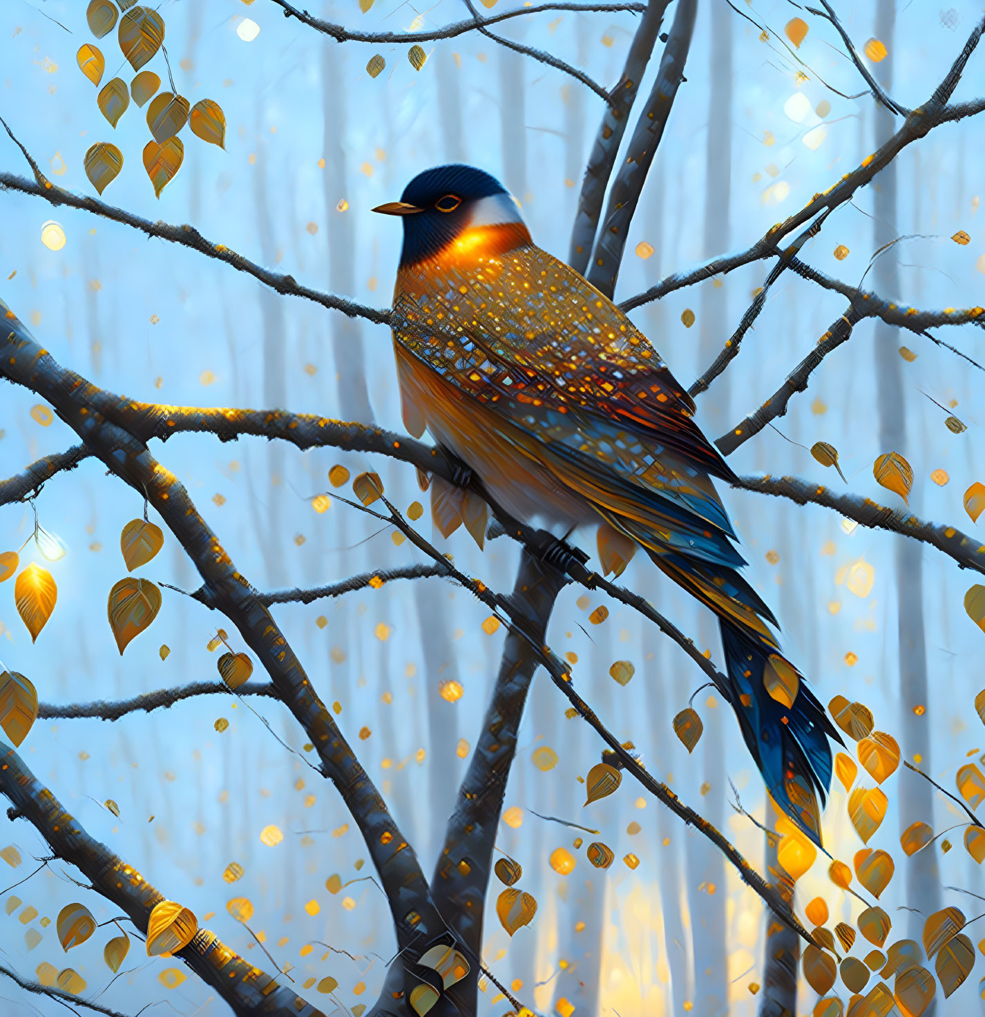 Colorful bird on branch with yellow leaves in blue and snowflake backdrop