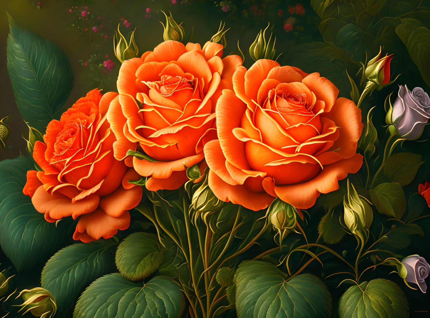 Detailed Artwork of Vibrant Orange Roses and Pink Flowers