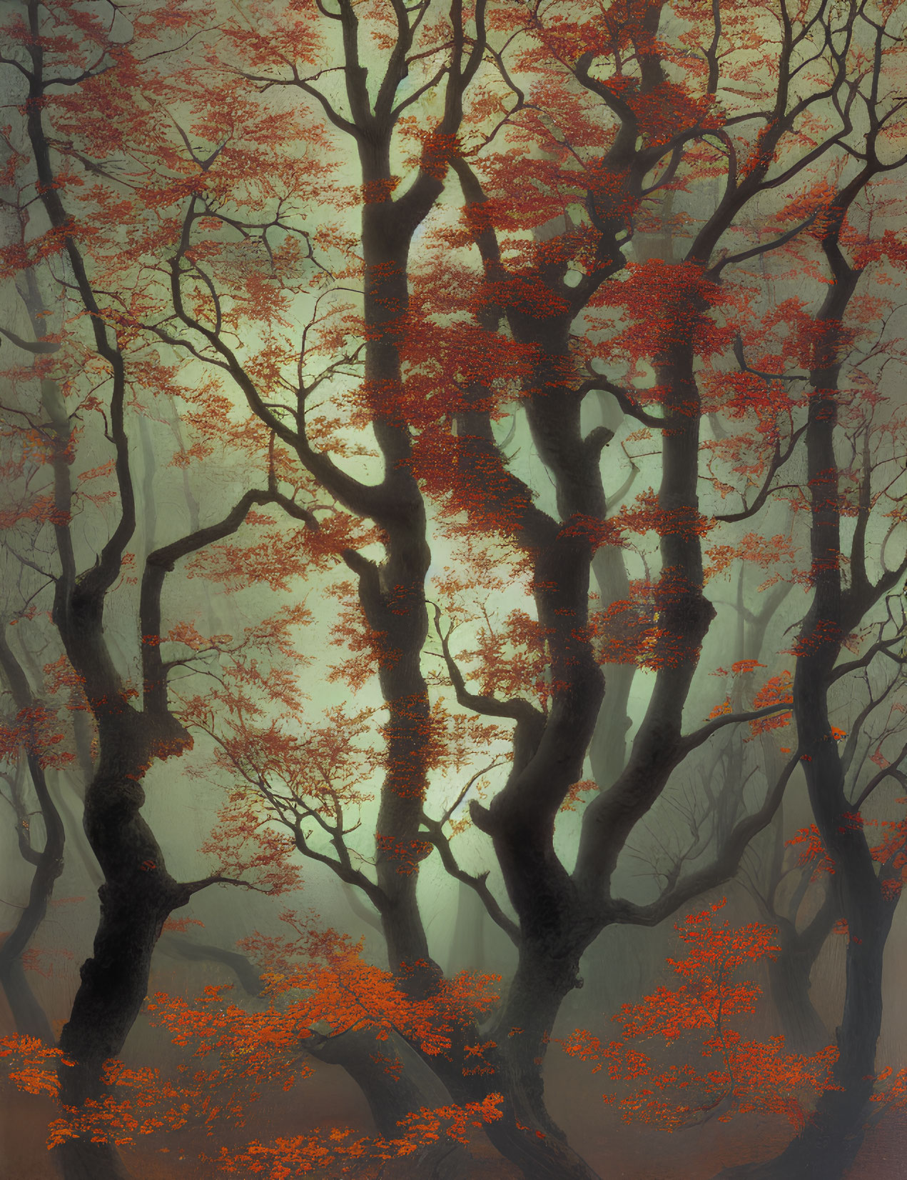 Ethereal forest scene with twisted tree trunks and red leaves