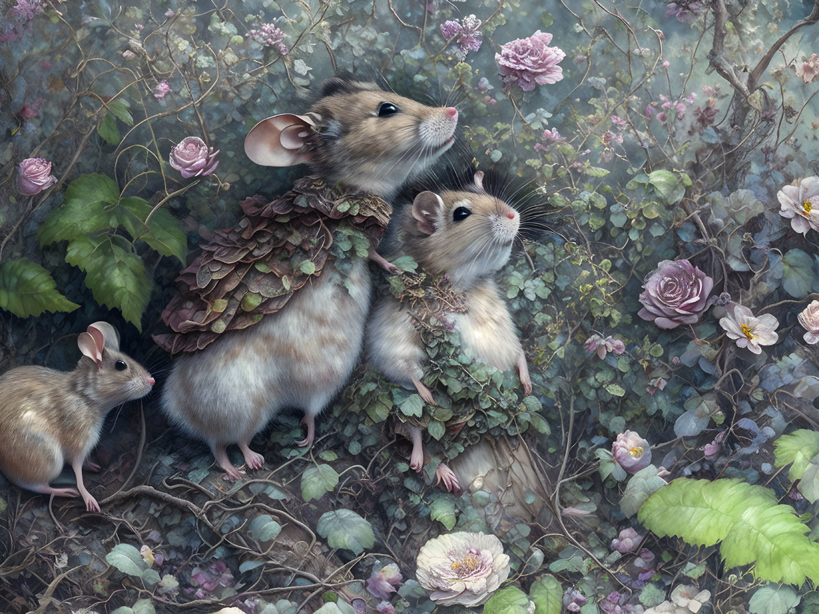 Whimsical garden scene with three mice and leafy collars