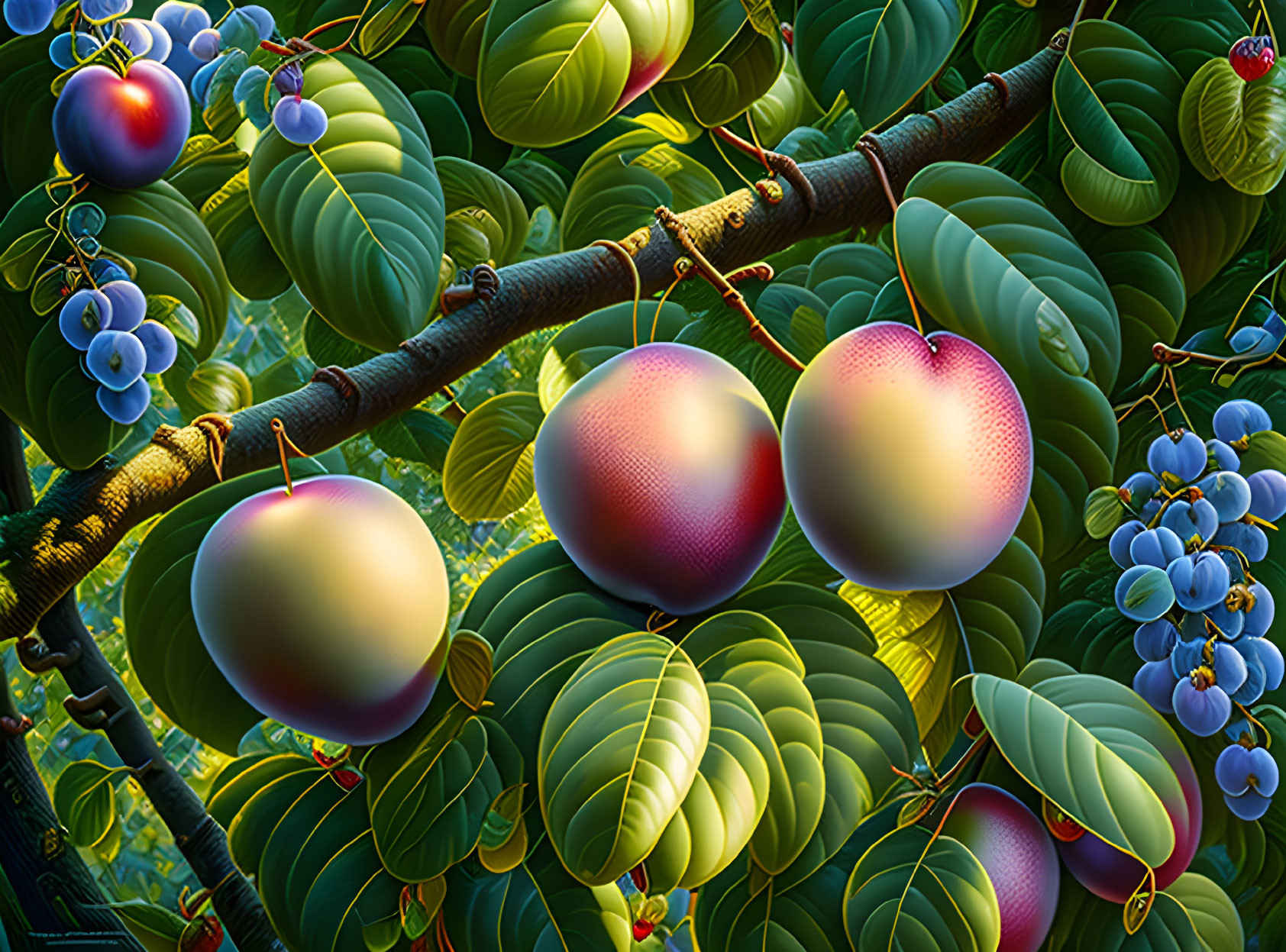 Colorful illustration of ripe plums and blueberries on tree branches