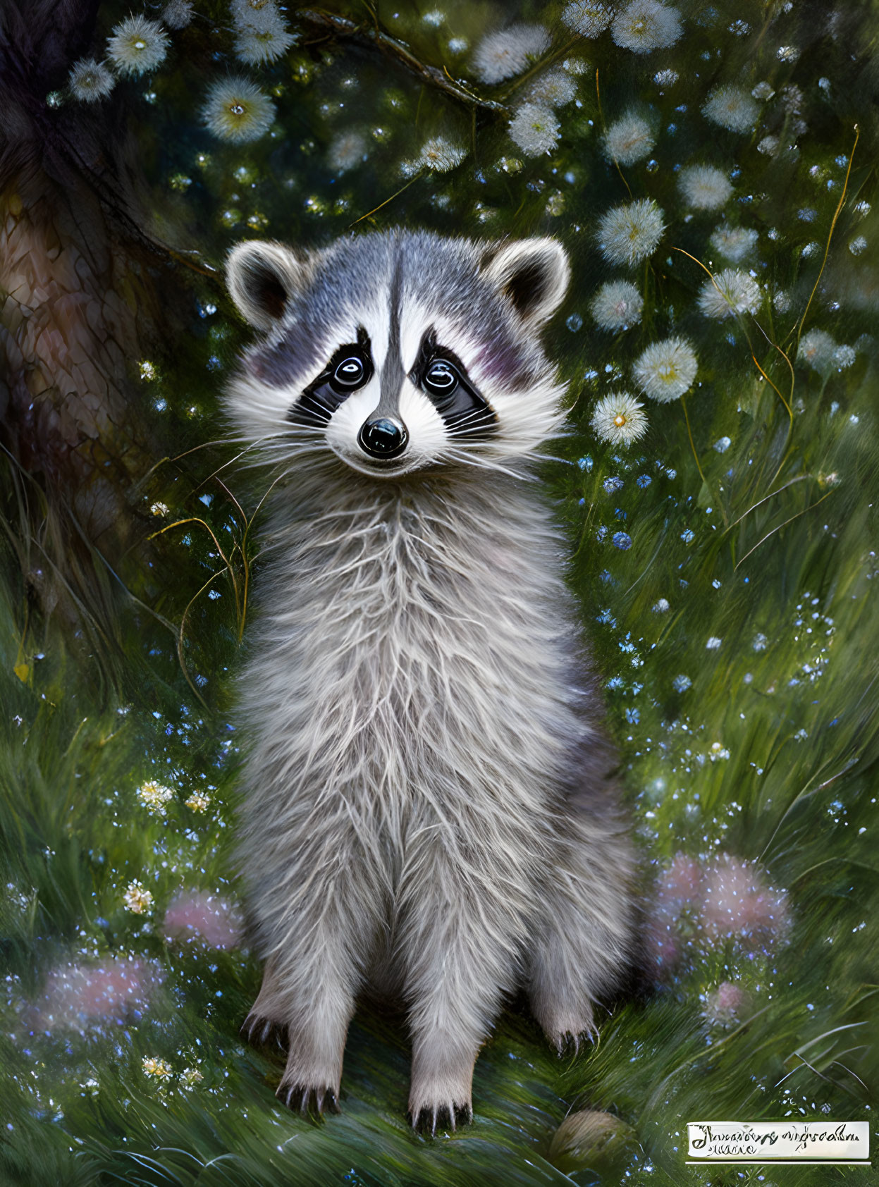 Detailed painting: Raccoon in green field with tree and dandelions