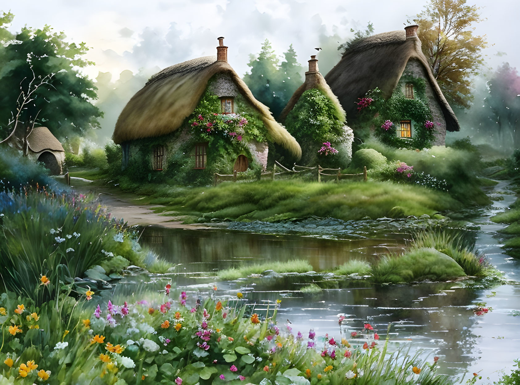 Tranquil countryside scene with thatched-roof cottages and river