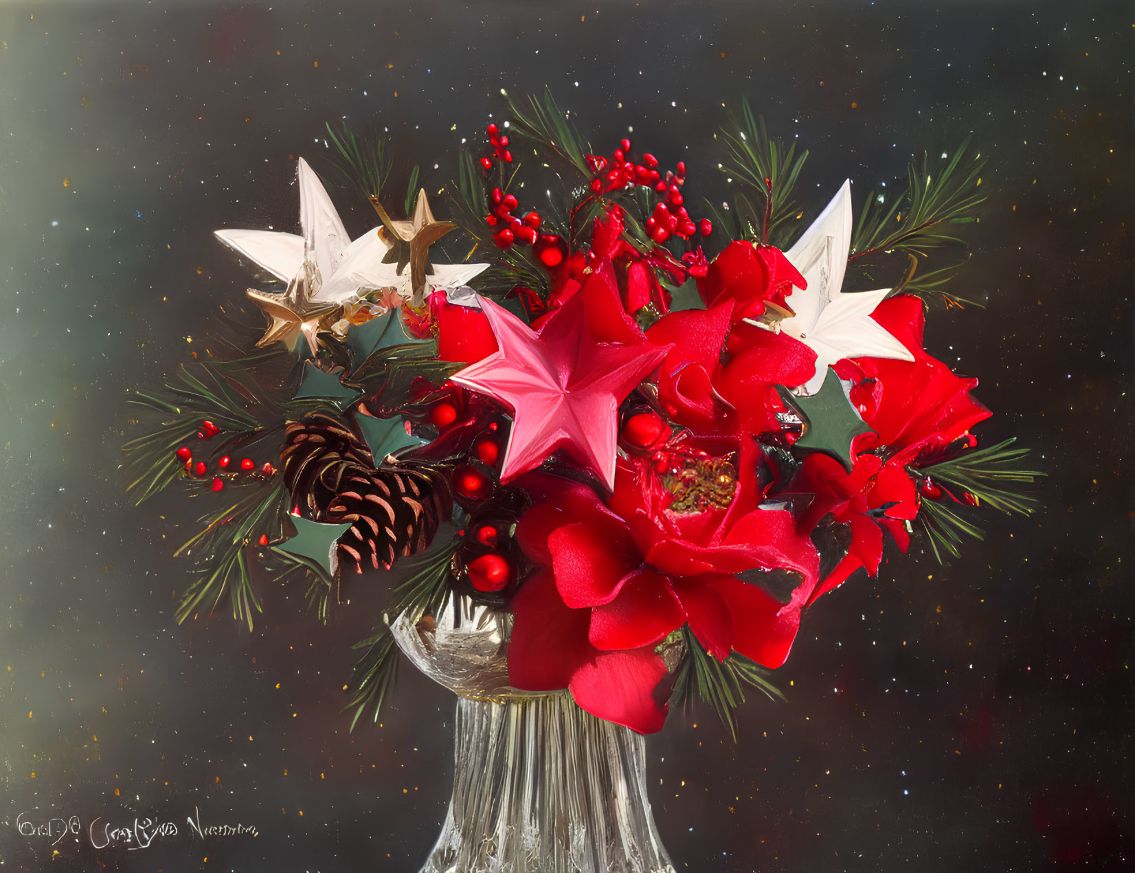 Red Poinsettias, Holly Berries, and Pine Cones in Glass Vase Bouquet