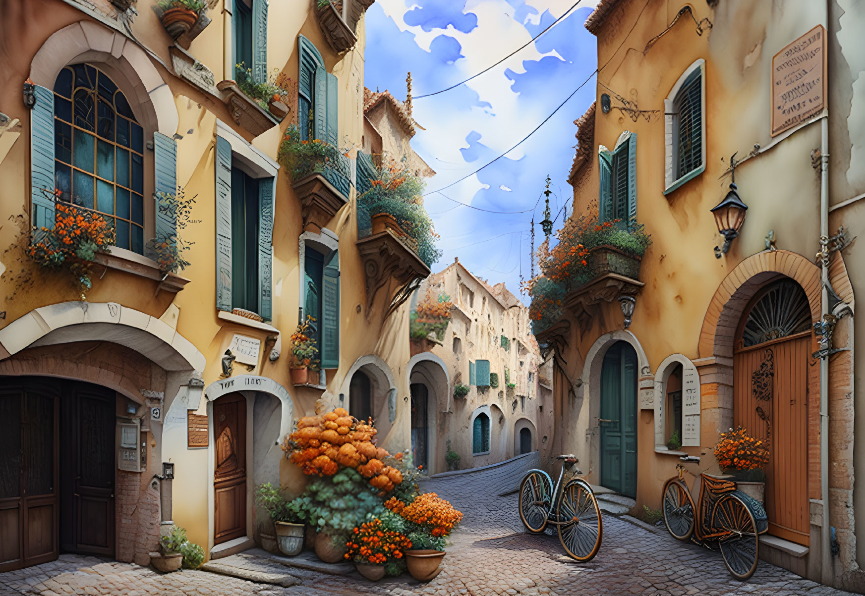 European Alley Scene: Cobblestone Street, Pastel Buildings, Balcony Plants