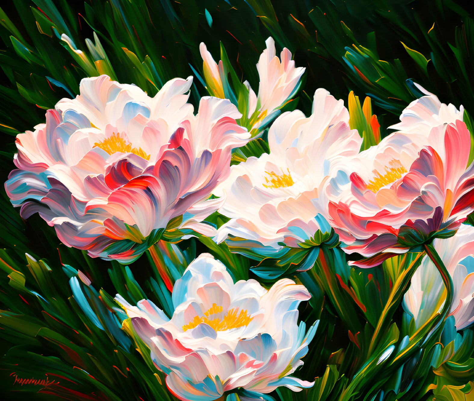 Colorful painting of white and pink peonies on dark green background