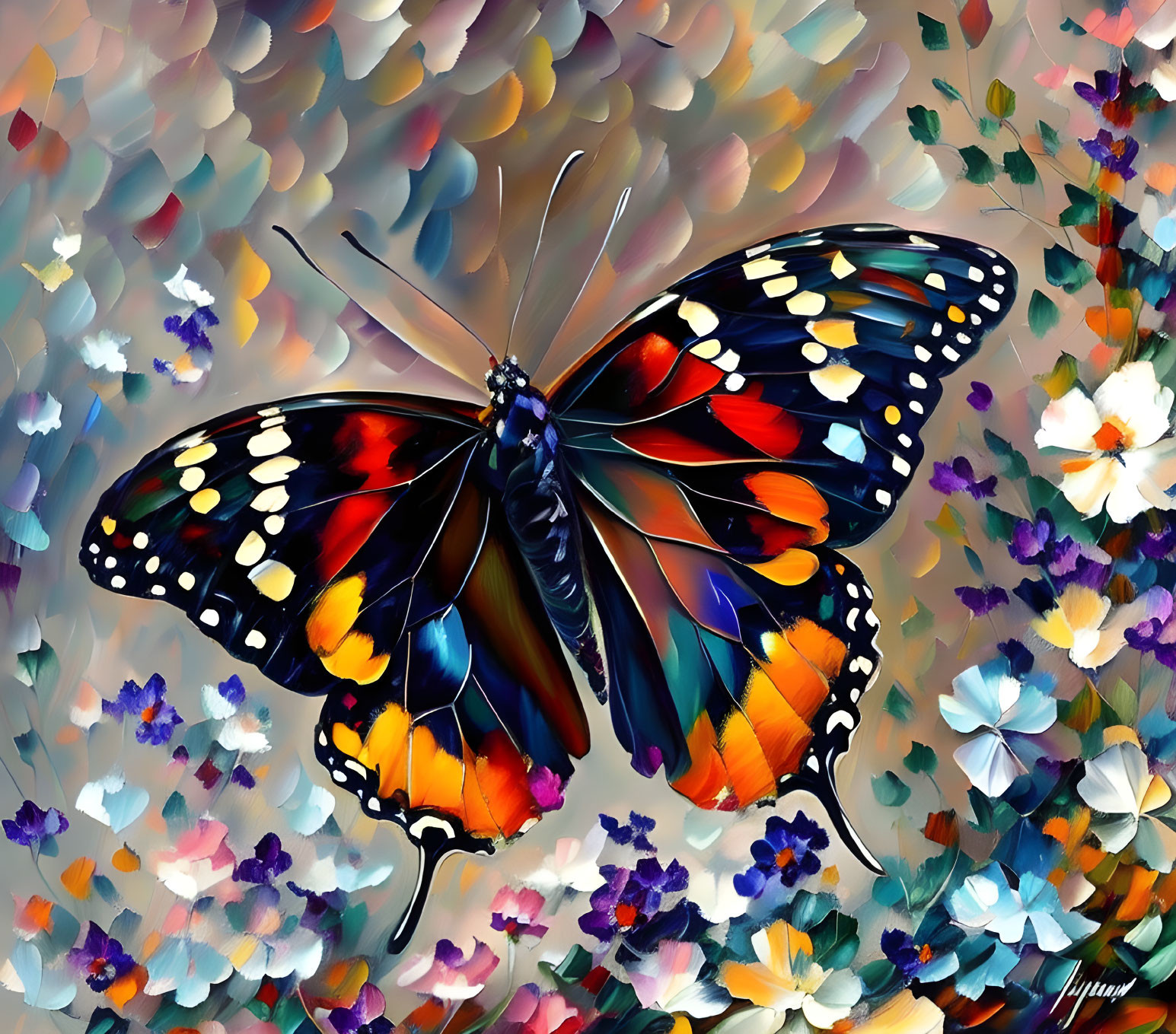 Colorful Butterfly Digital Painting with Abstract Floral Background