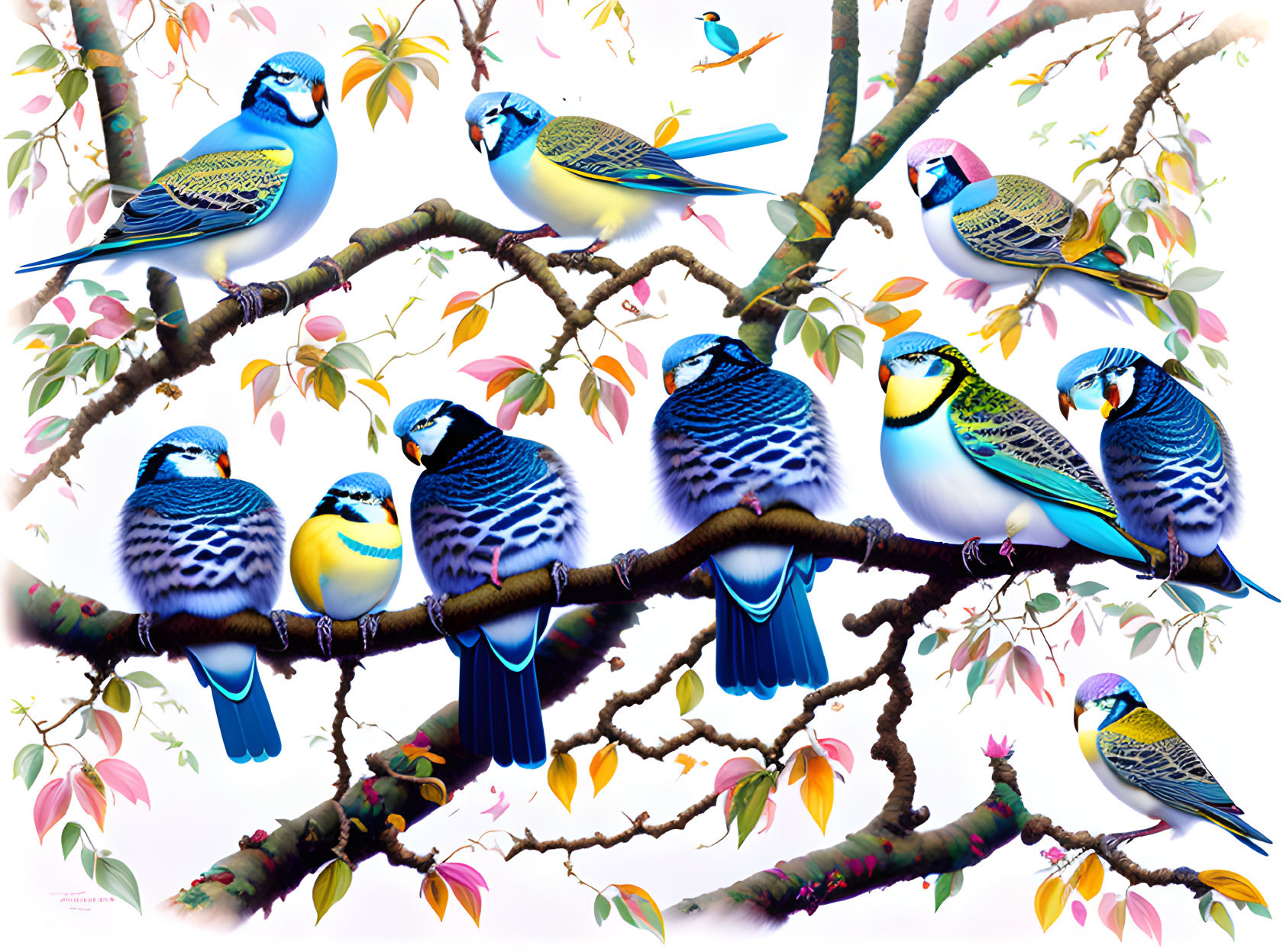 Colorful Budgerigars Perched on Tree Branches with Vibrant Leaves