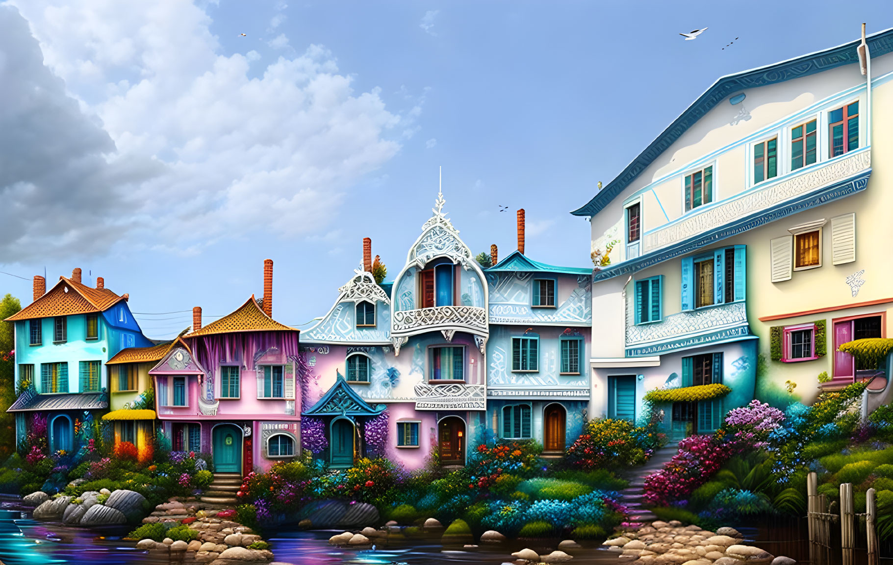 Vibrant fairytale houses by river with colorful gardens under blue sky