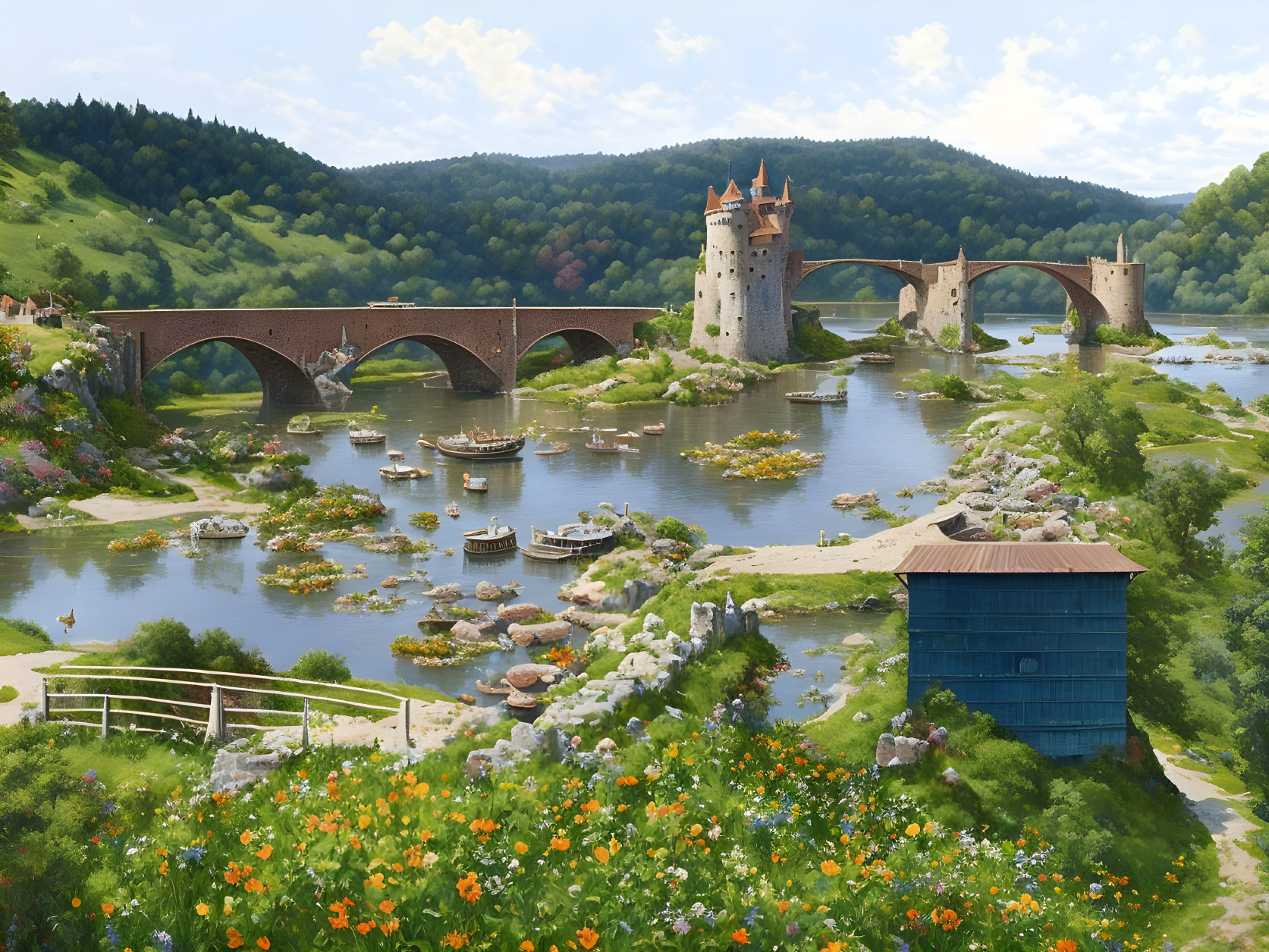 Medieval stone bridge over tranquil river surrounded by lush greenery