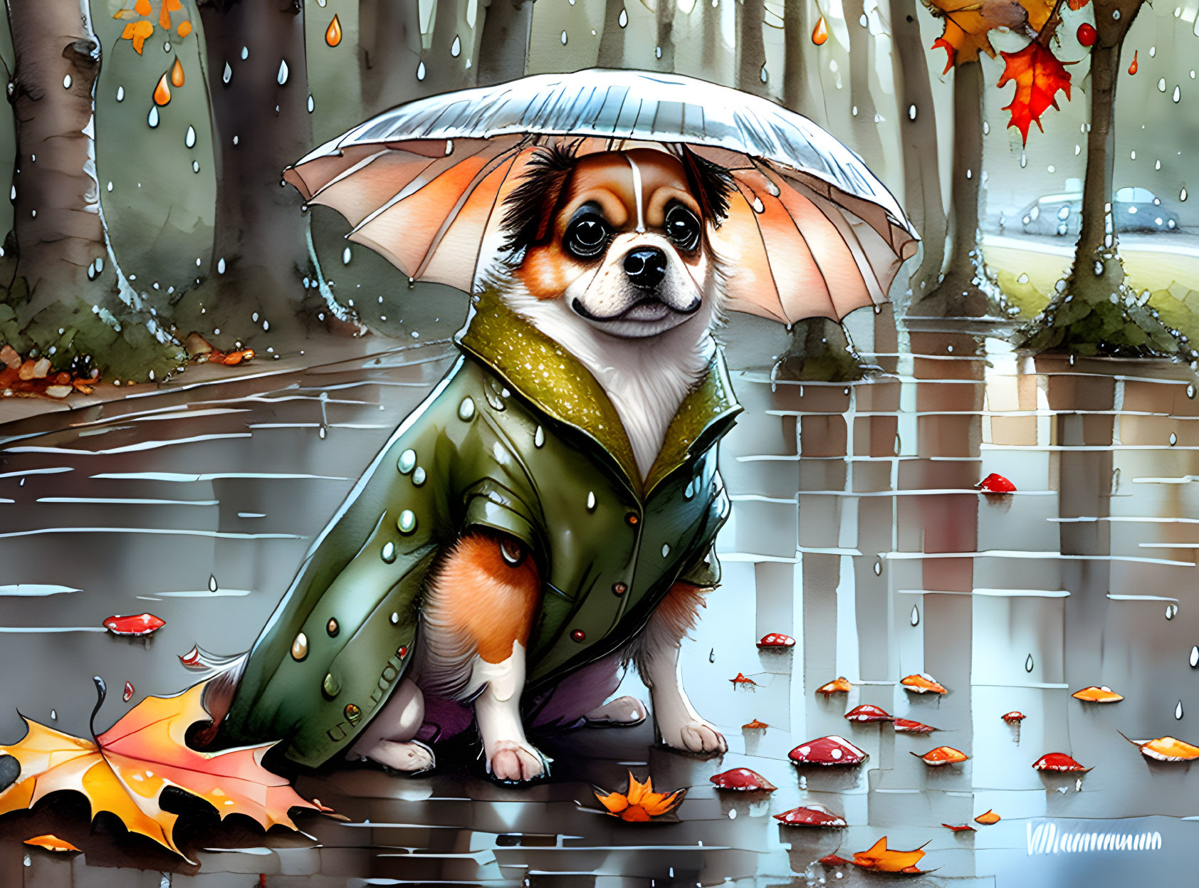 Cartoon dog in green raincoat with umbrella in rainy autumn scene