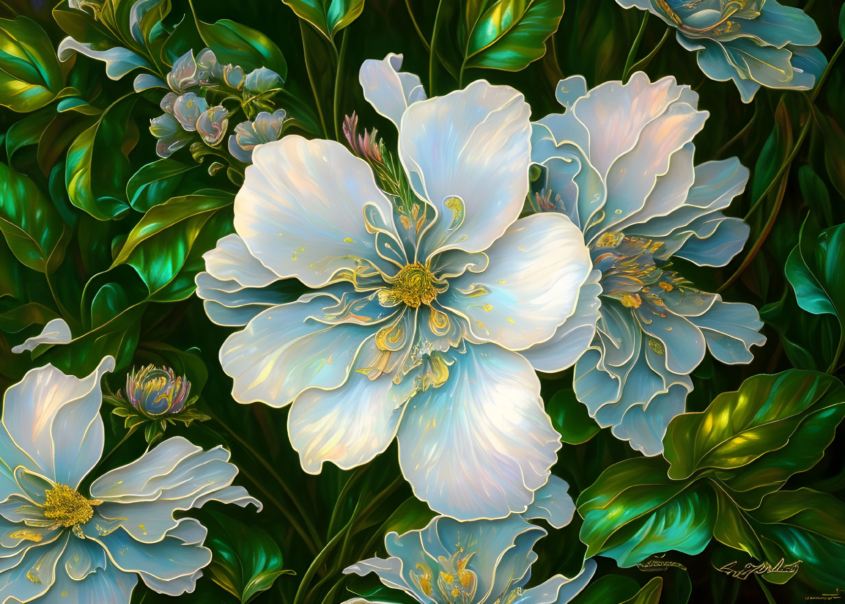 Detailed digital art: White flowers with golden accents in lush green foliage.