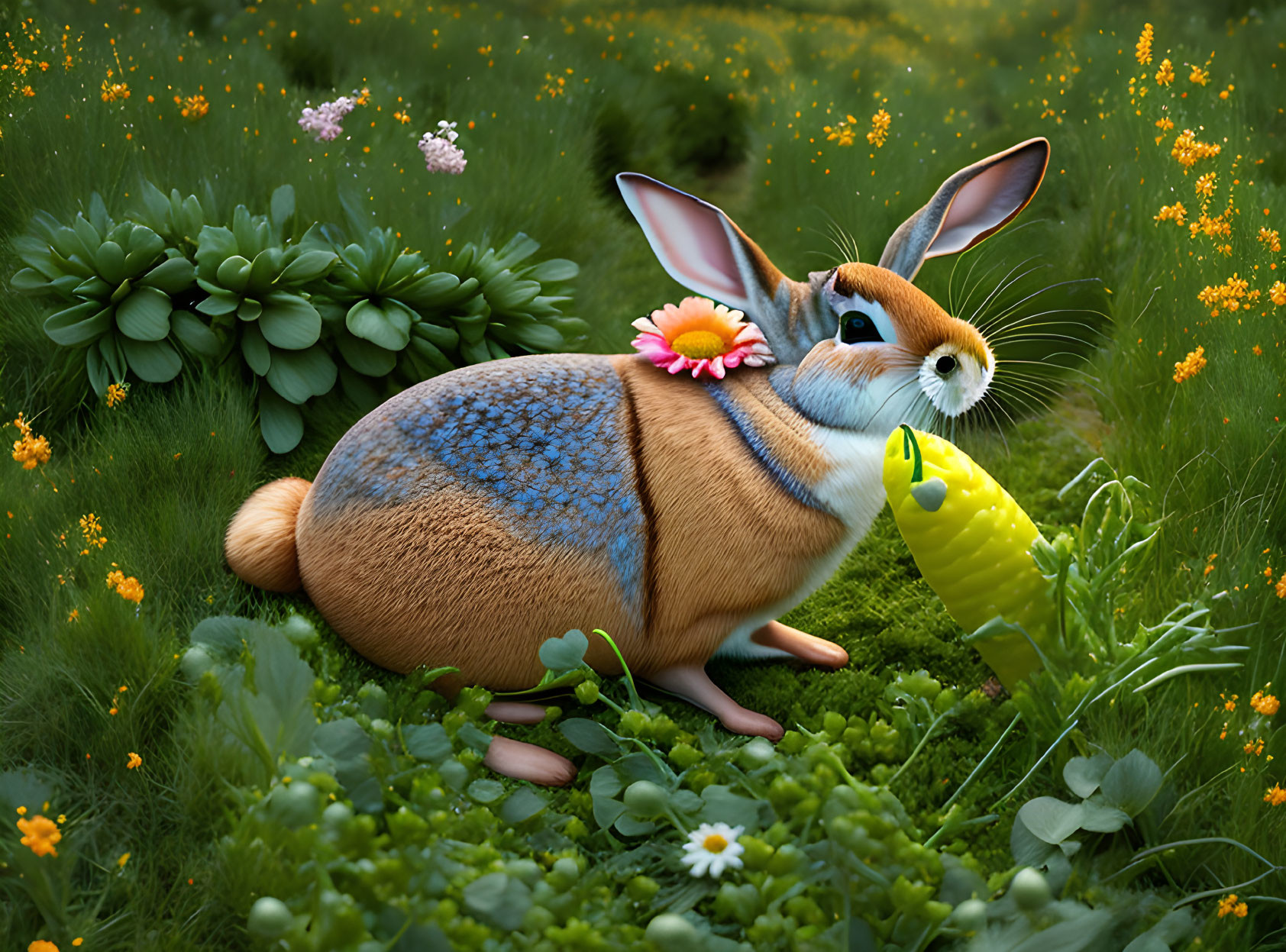 Illustration of rabbit with butterfly wings in lush greenery and yellow flowers, holding corn cob