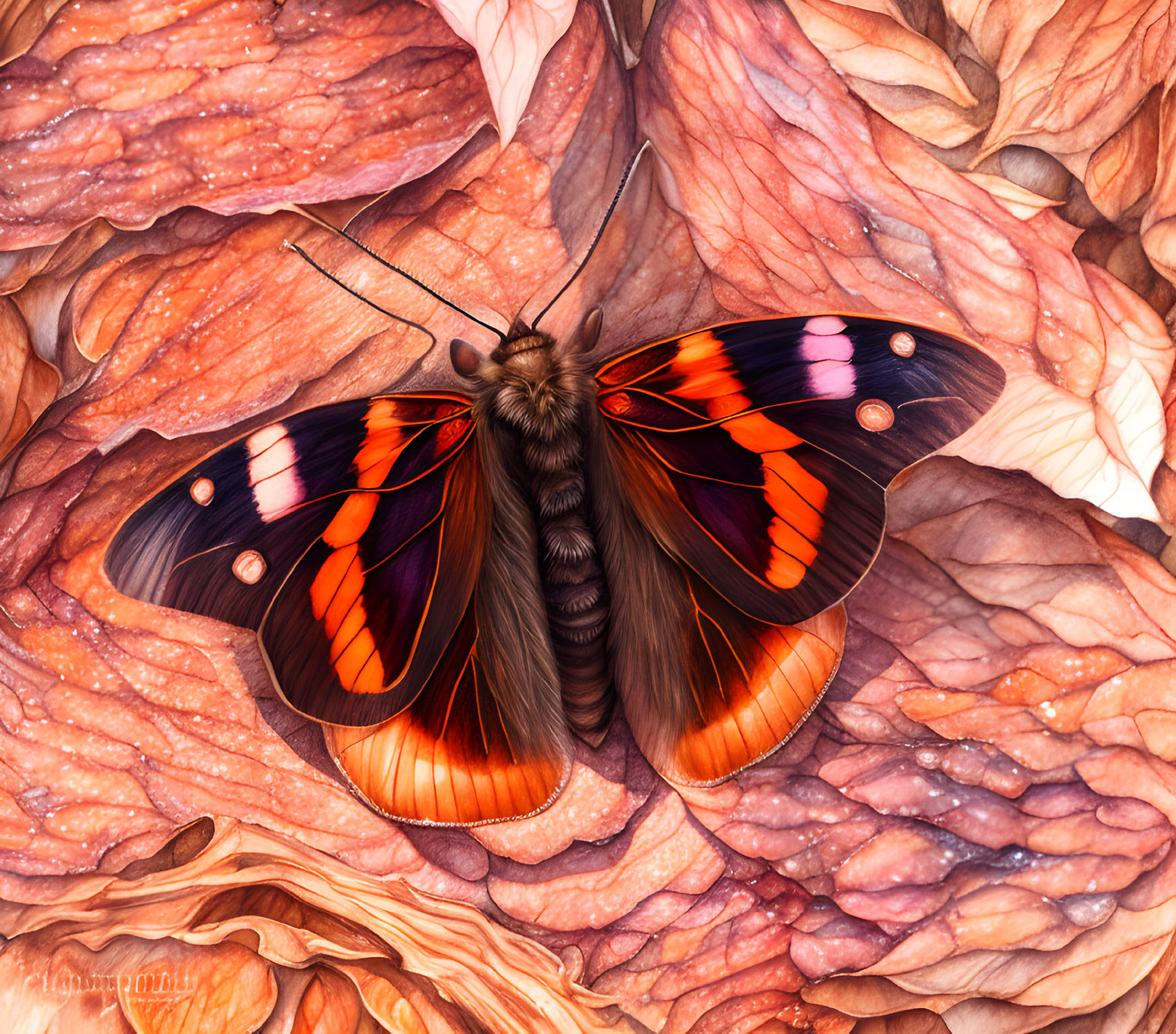 Colorful butterfly on textured leaves: Orange and black wings.