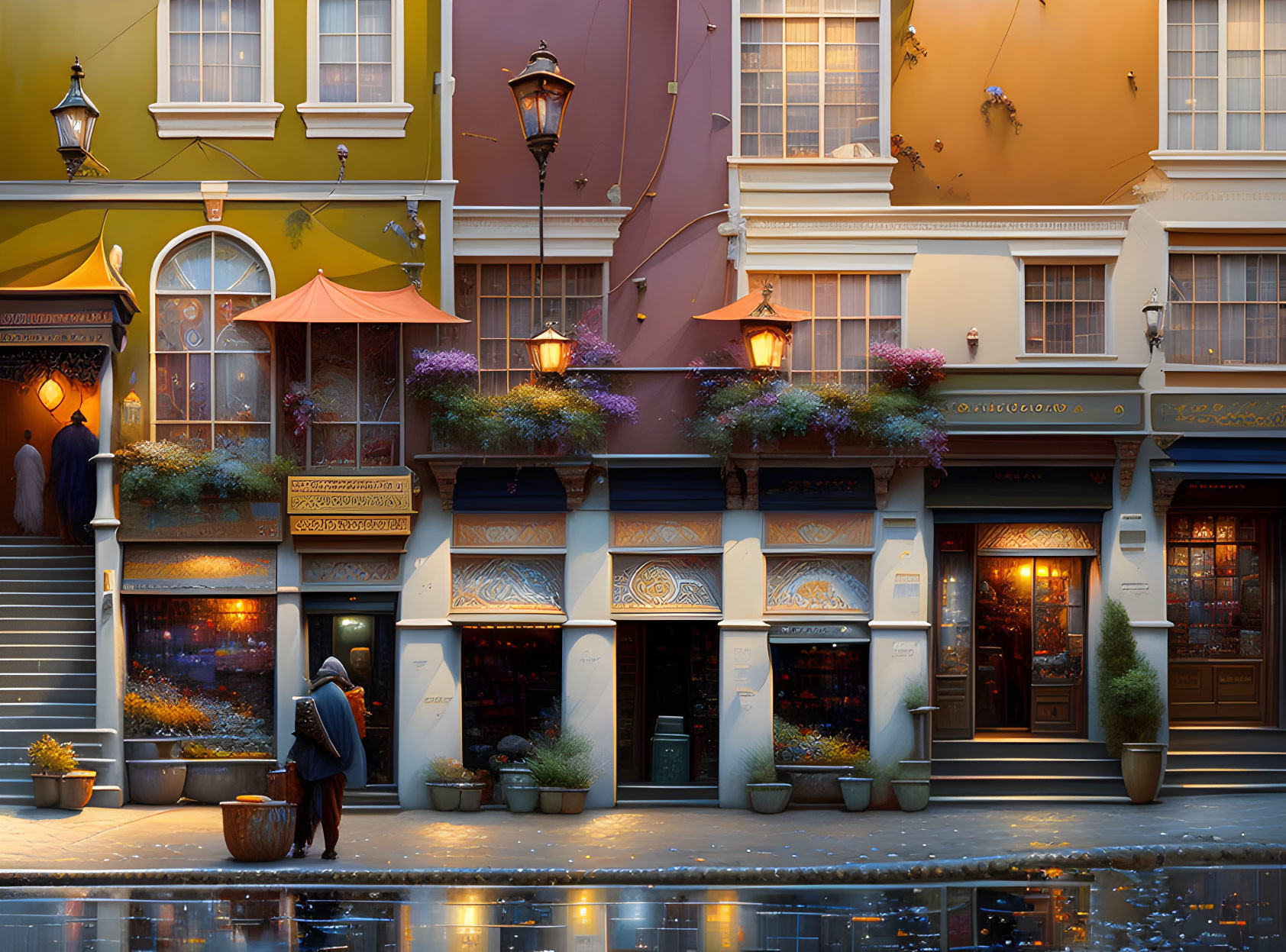 Colorful facades and flowers in charming street scene with evening reflections.