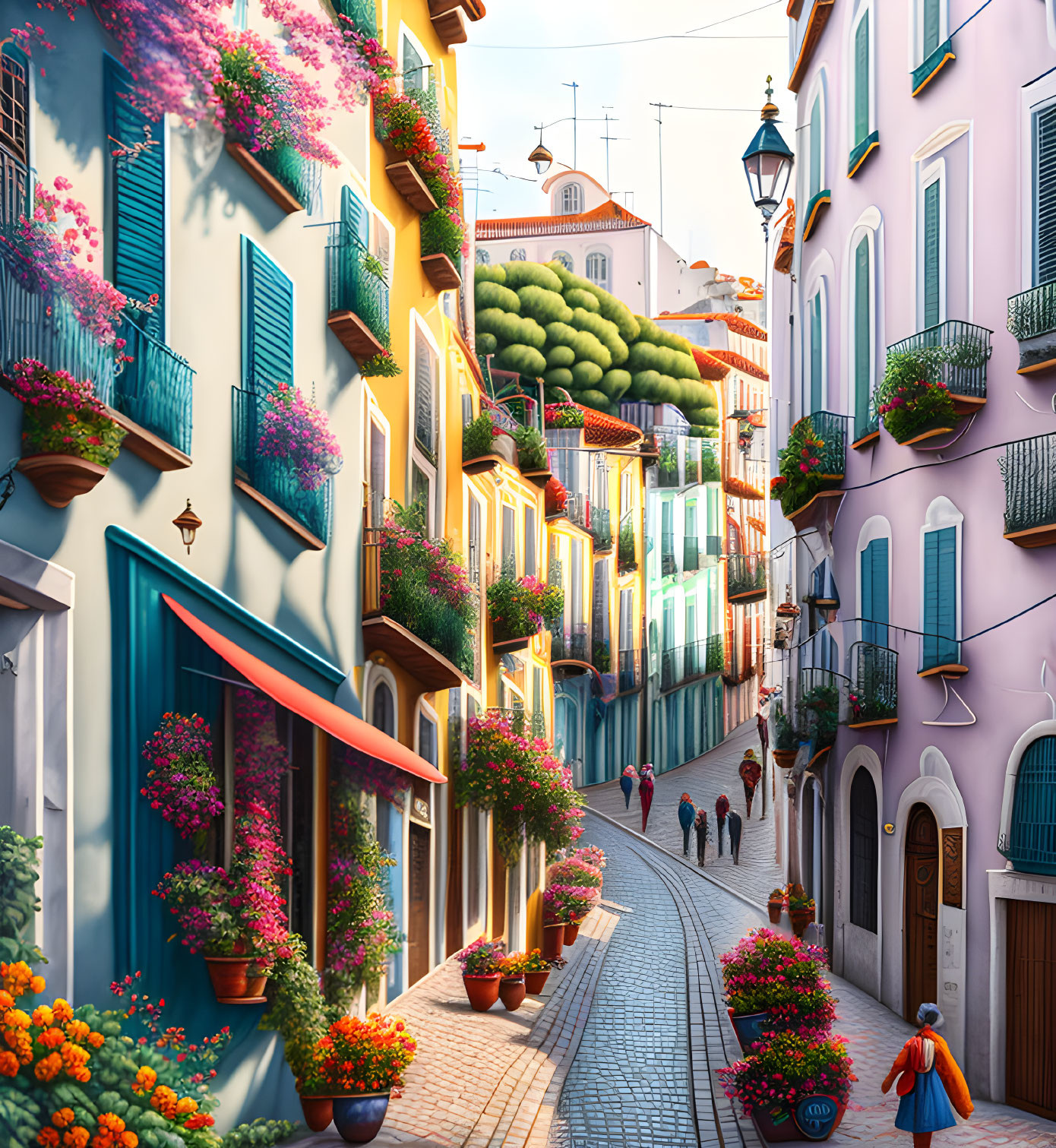 Colorful cobblestone street with flower-filled balconies and pedestrians.