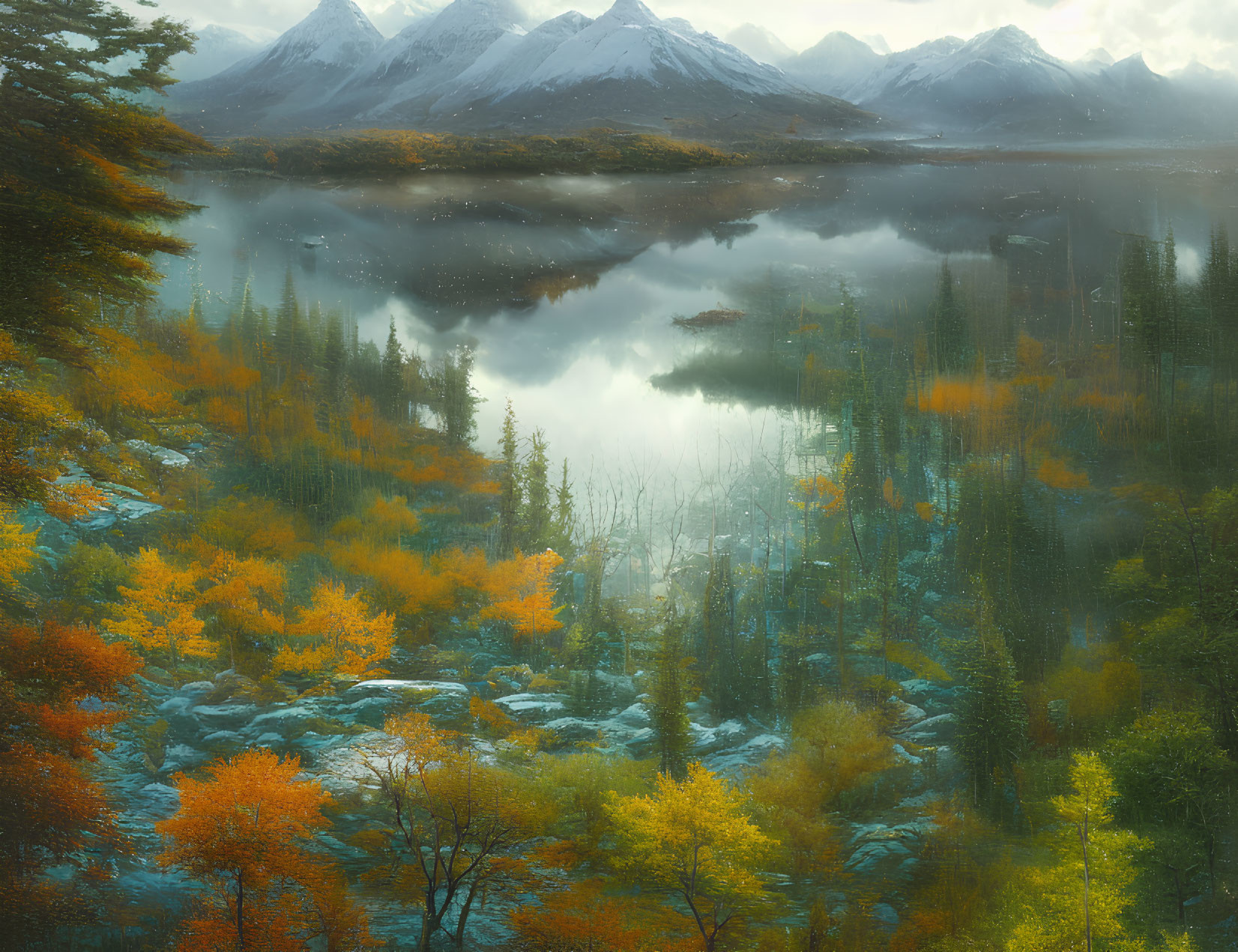 Autumnal landscape with calm lake, colorful trees, and snow-capped mountains