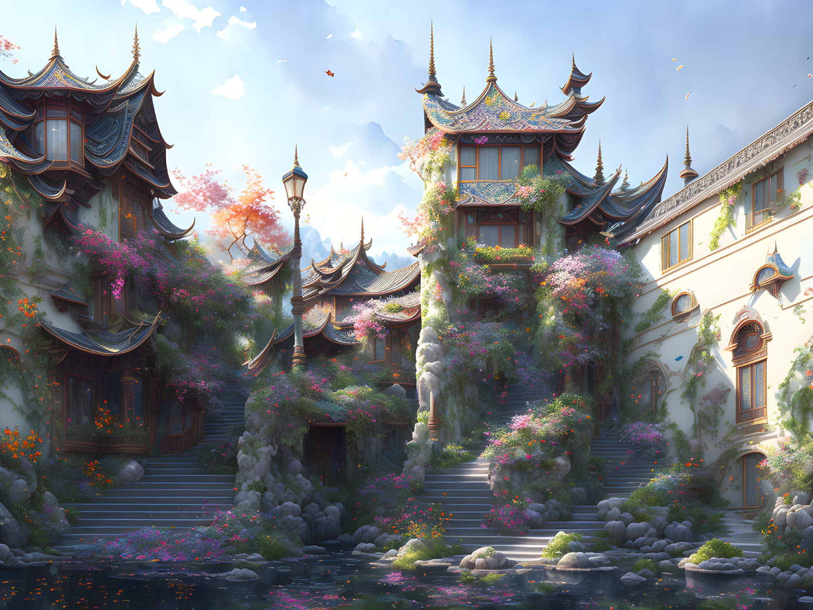 Fantasy landscape with Asian architecture, vibrant flowers, tranquil pond