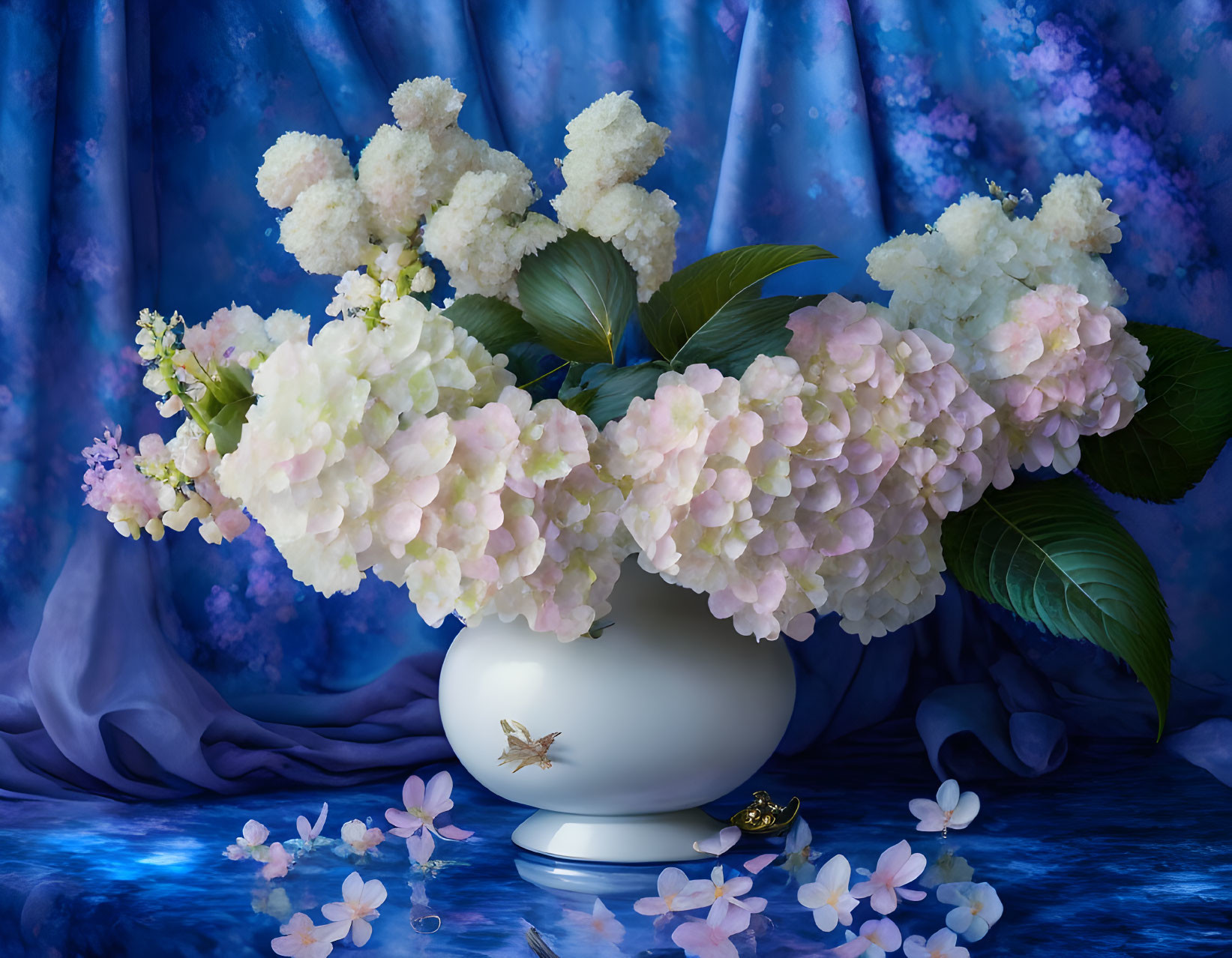 Colorful Still Life: White Vase, Hydrangeas, Blue Fabric Background
