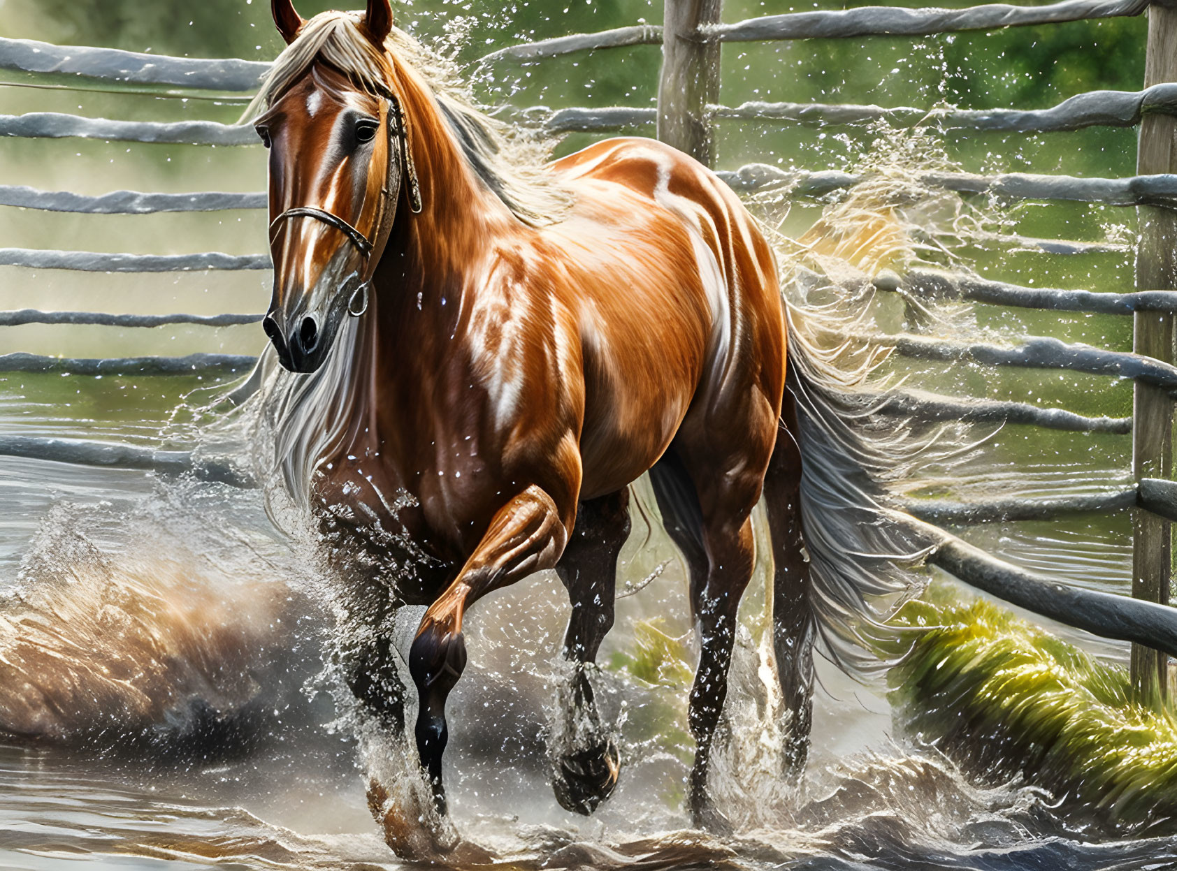 Chestnut horse with flowing mane in water with wooden fence