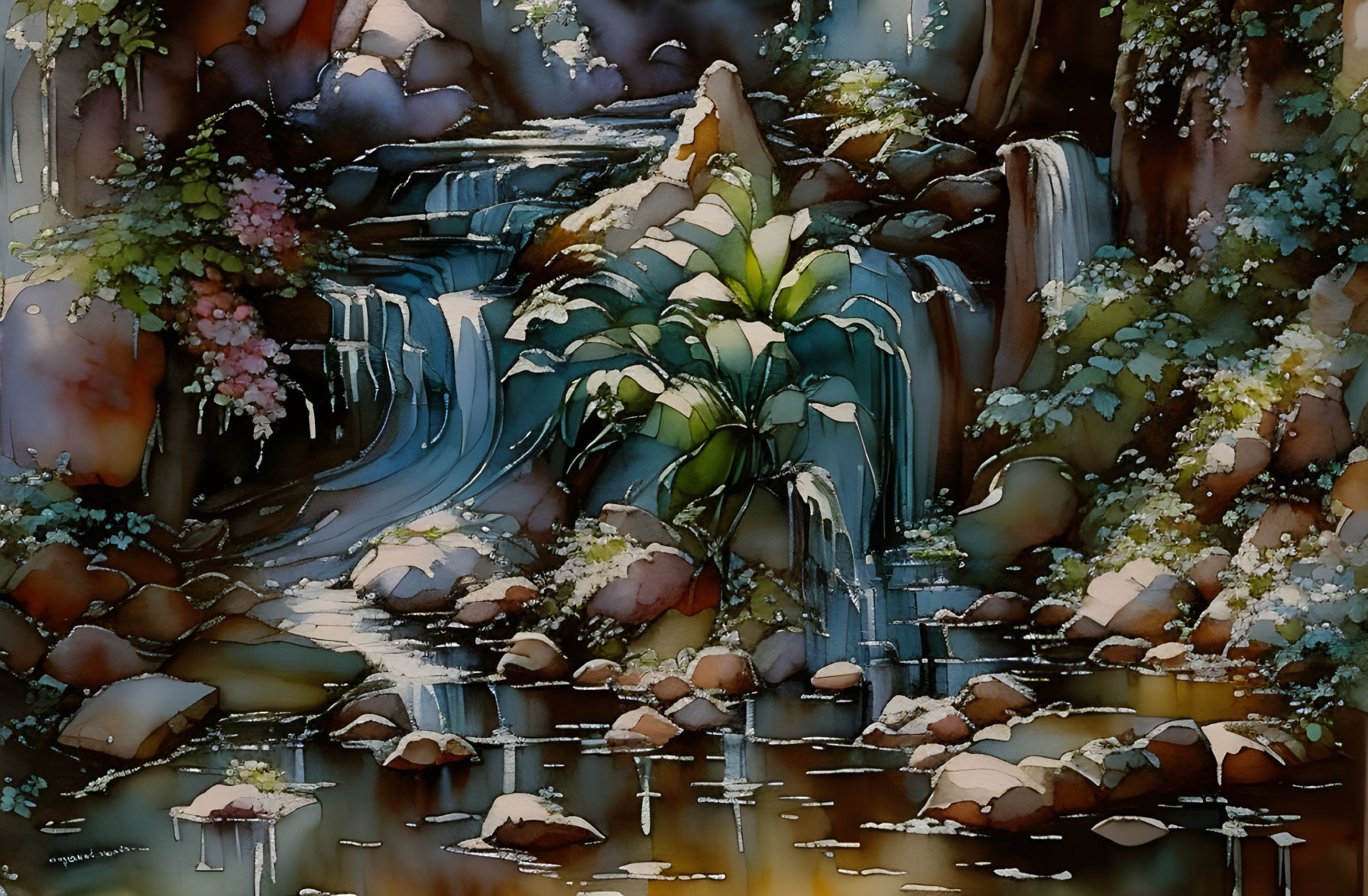 Tranquil watercolor painting of serene waterfall