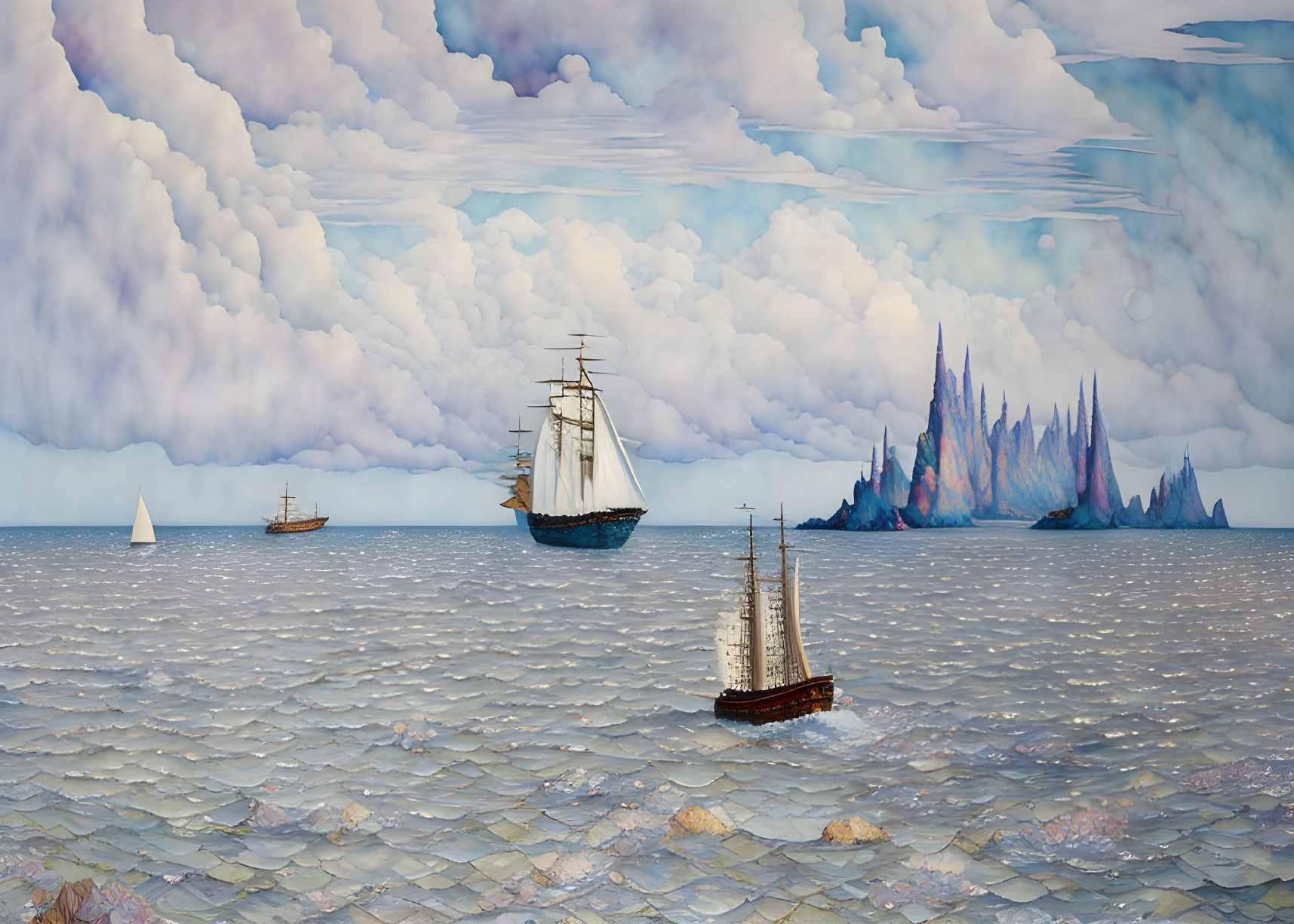 Surreal maritime scene: ships on geometric sea, sharp spires skyline, cloudy sky