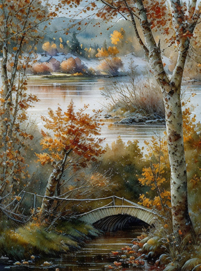 Scenic autumn landscape with wooden bridge, river, fall trees, and misty village background