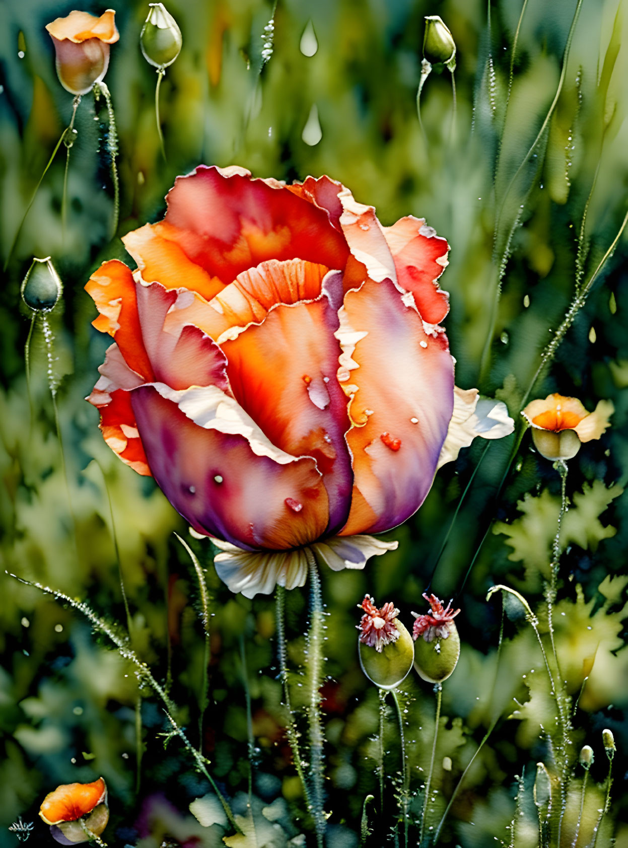 Colorful Watercolor Painting of Red-Orange Poppy in Nature