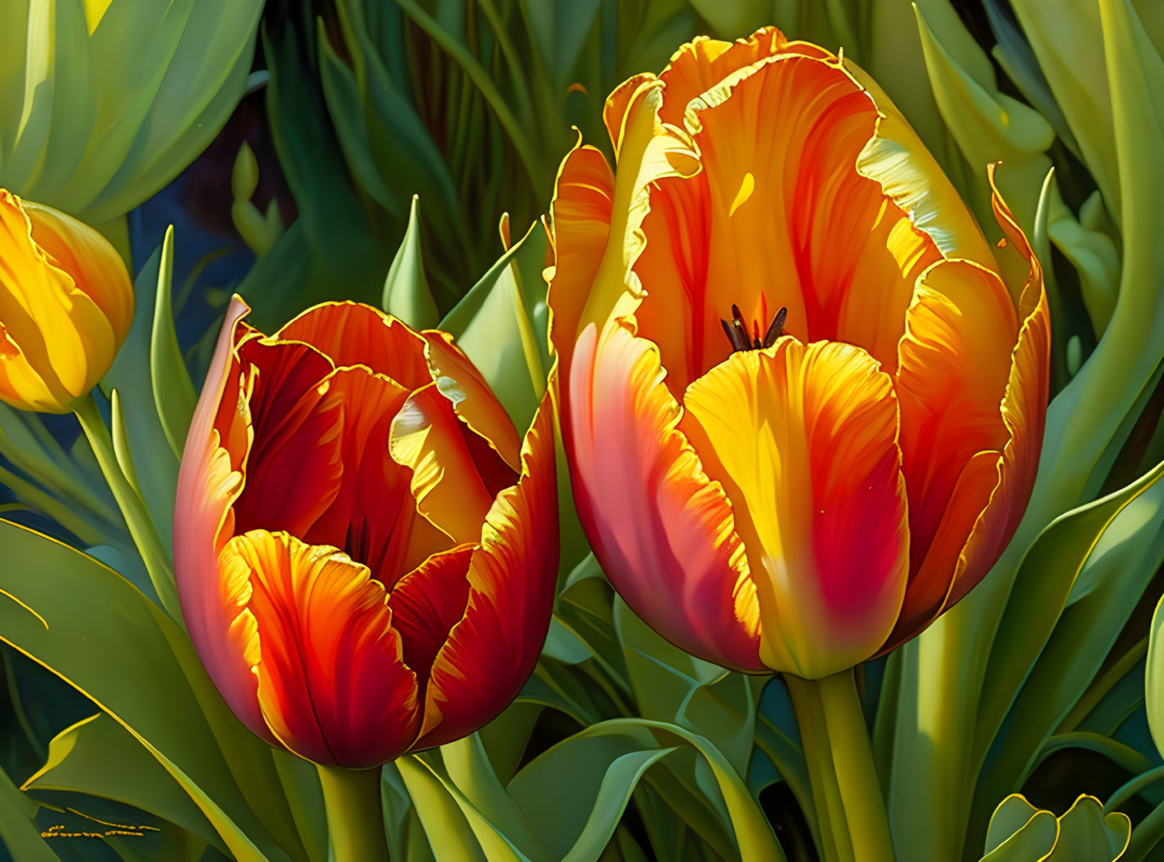 Vibrant Yellow and Red Tulip Flowers in Bright Sunlight