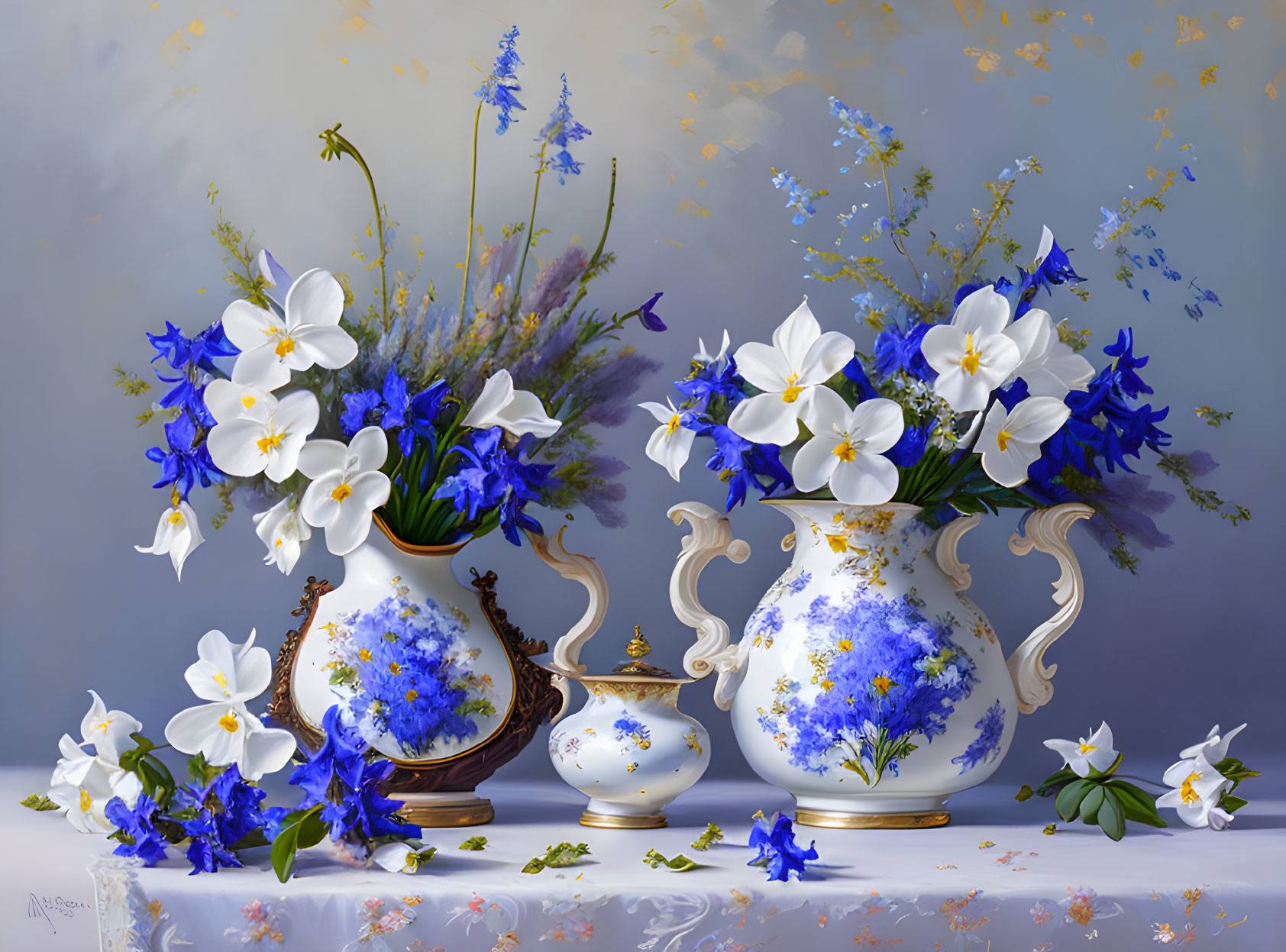 White and Blue Flowers in Porcelain Vases Still Life Painting