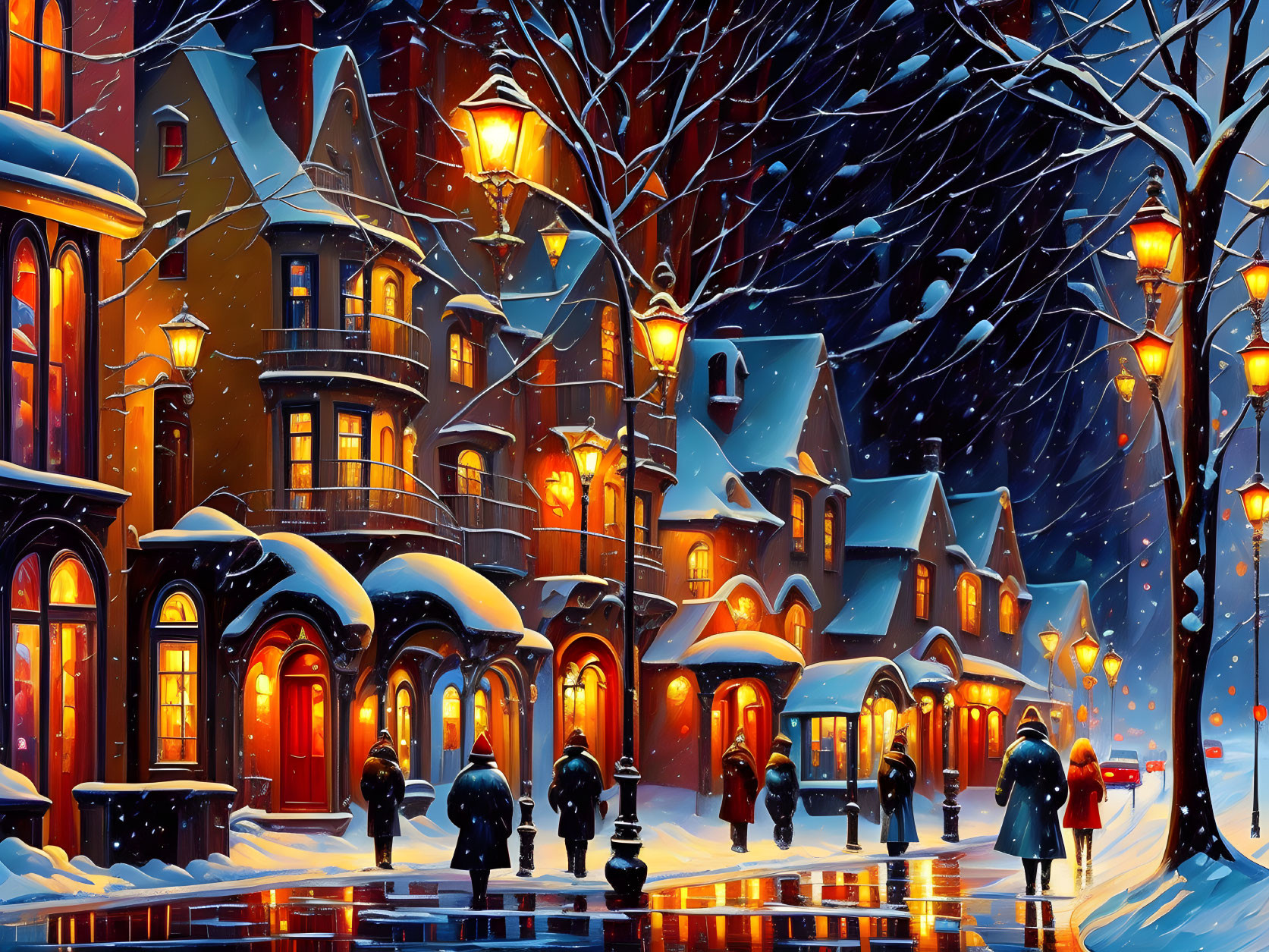 Victorian-style street scene with snowfall and warm lighting