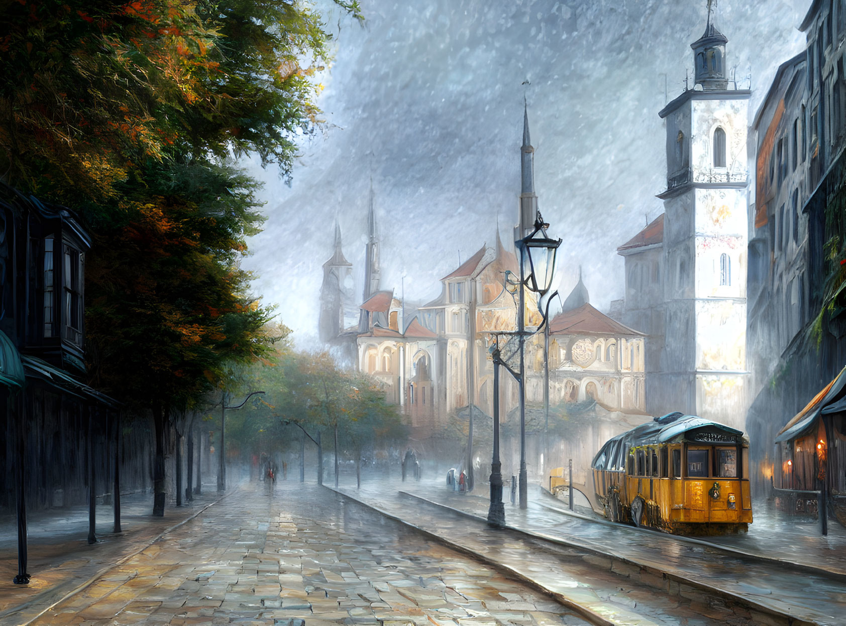 European City Rainy Cobblestone Street Scene