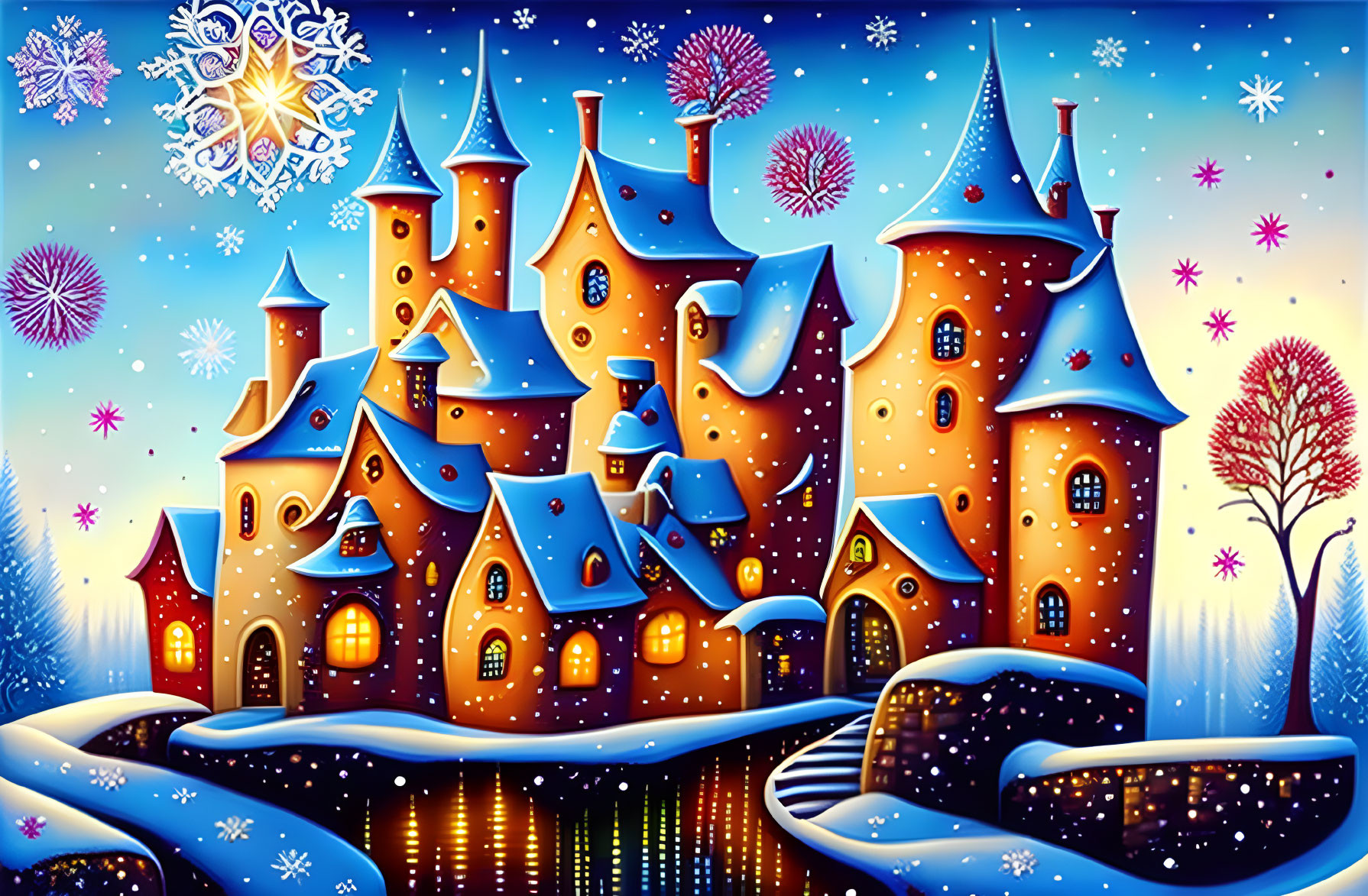 Whimsical winter castle at night with snowflakes, frozen river, and colorful trees